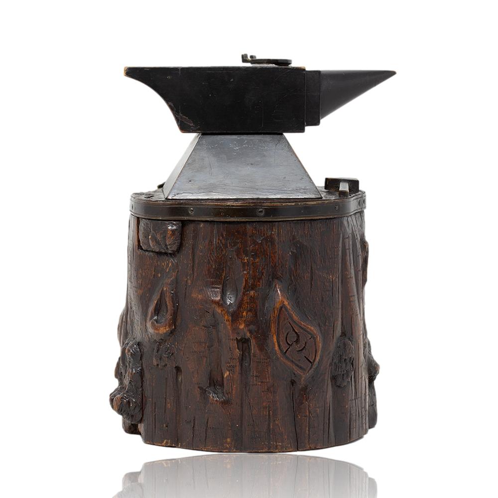 Wood Rare Swiss Black Forest Blacksmiths Anvil Tobacco Jar Compendium with Secret For Sale