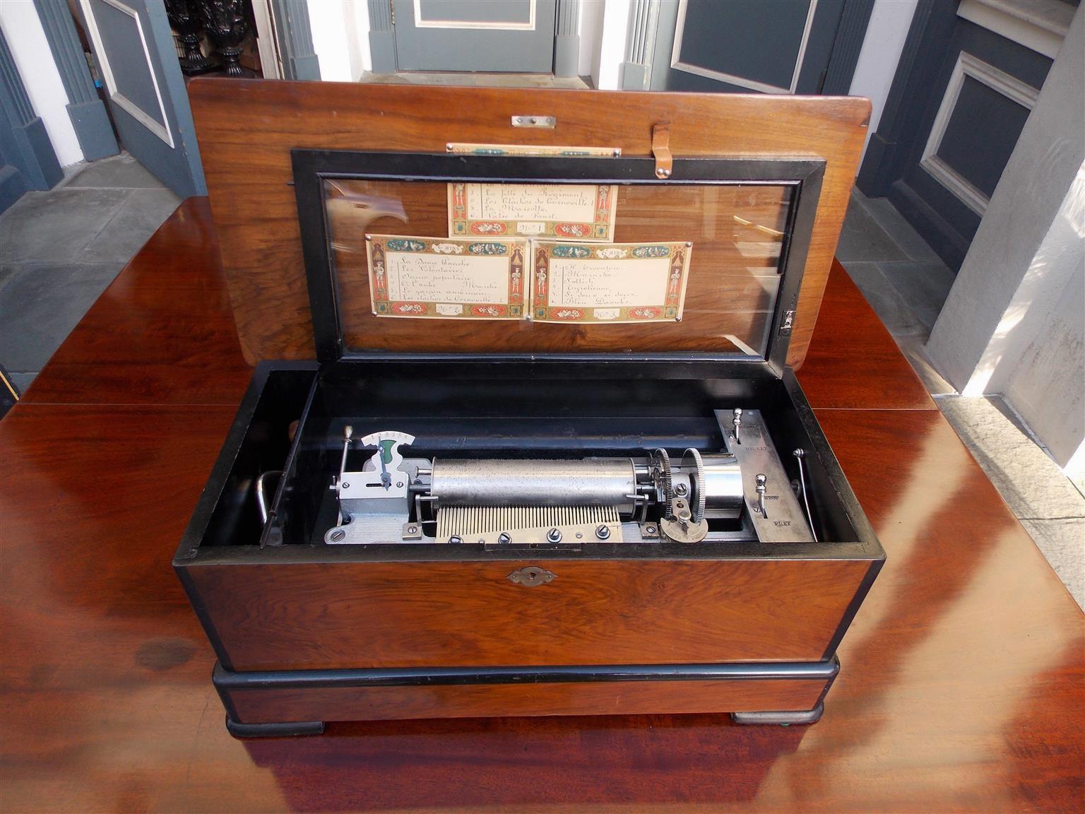 Biedermeier  Switzerland Mahogany Ebonized Hinged Music Box with Three Cylinders, C. 1880   For Sale