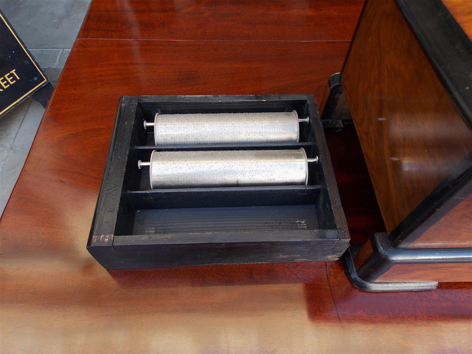 Late 19th Century  Switzerland Mahogany Ebonized Hinged Music Box with Three Cylinders, C. 1880   For Sale