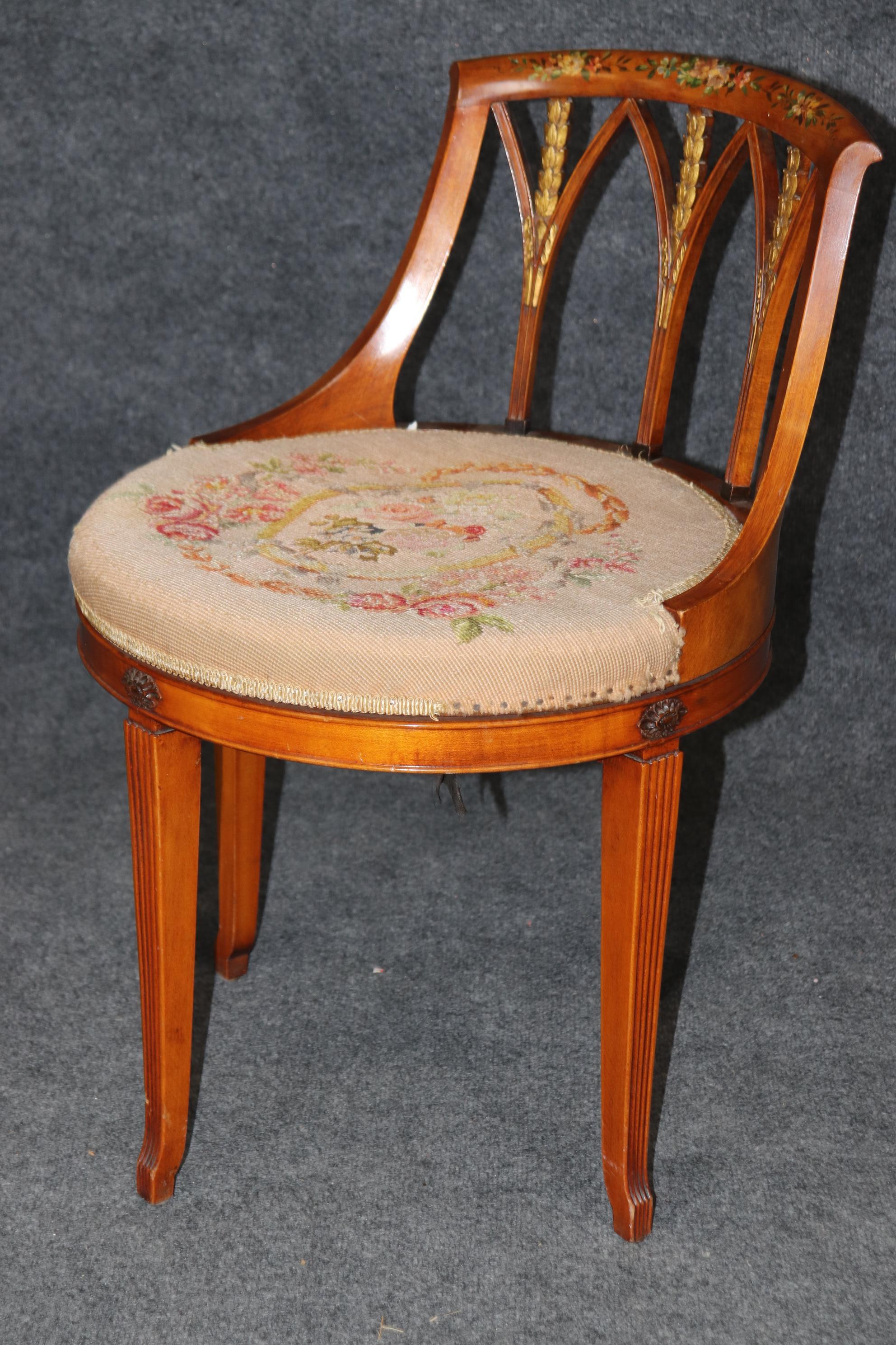 Mid-20th Century Rare Swiveling English Adams Satinwood Paint Decorated Ladies Vanity Stool For Sale