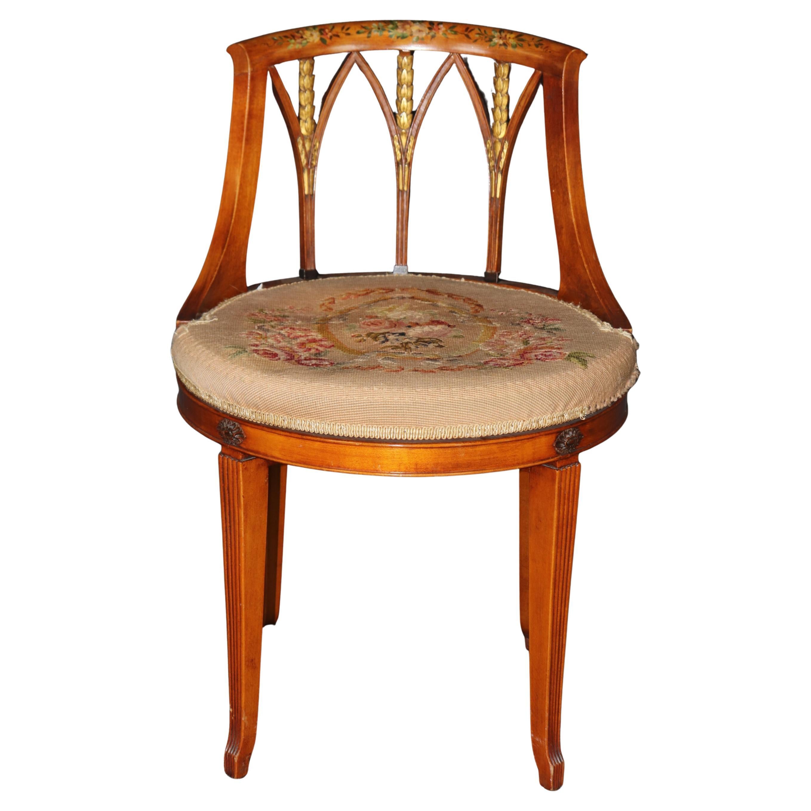 Rare Swiveling English Adams Satinwood Paint Decorated Ladies Vanity Stool For Sale
