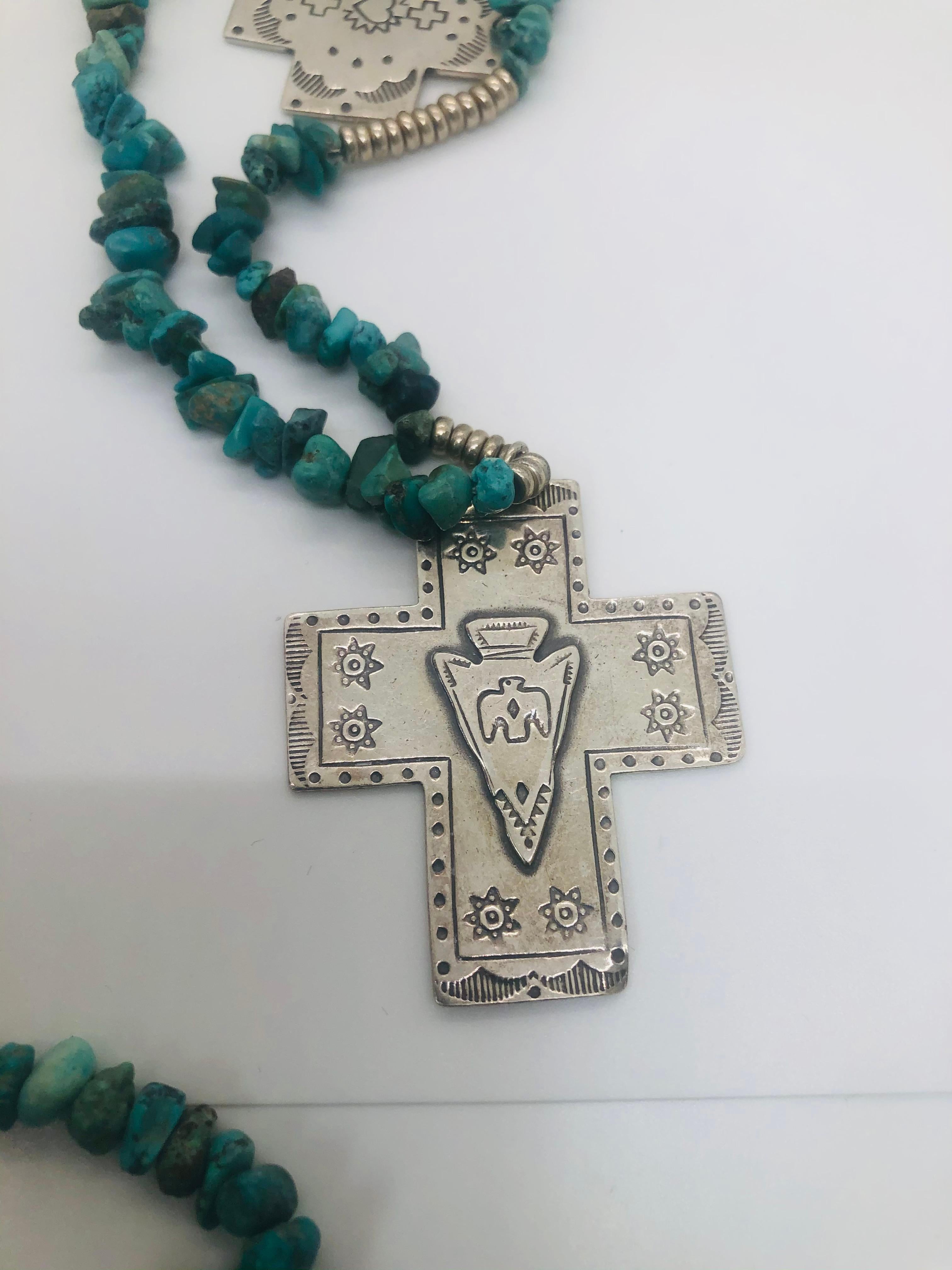 American Rare T Foree Sterling Silver Cross Pendants & Navajo Turquoise Necklace