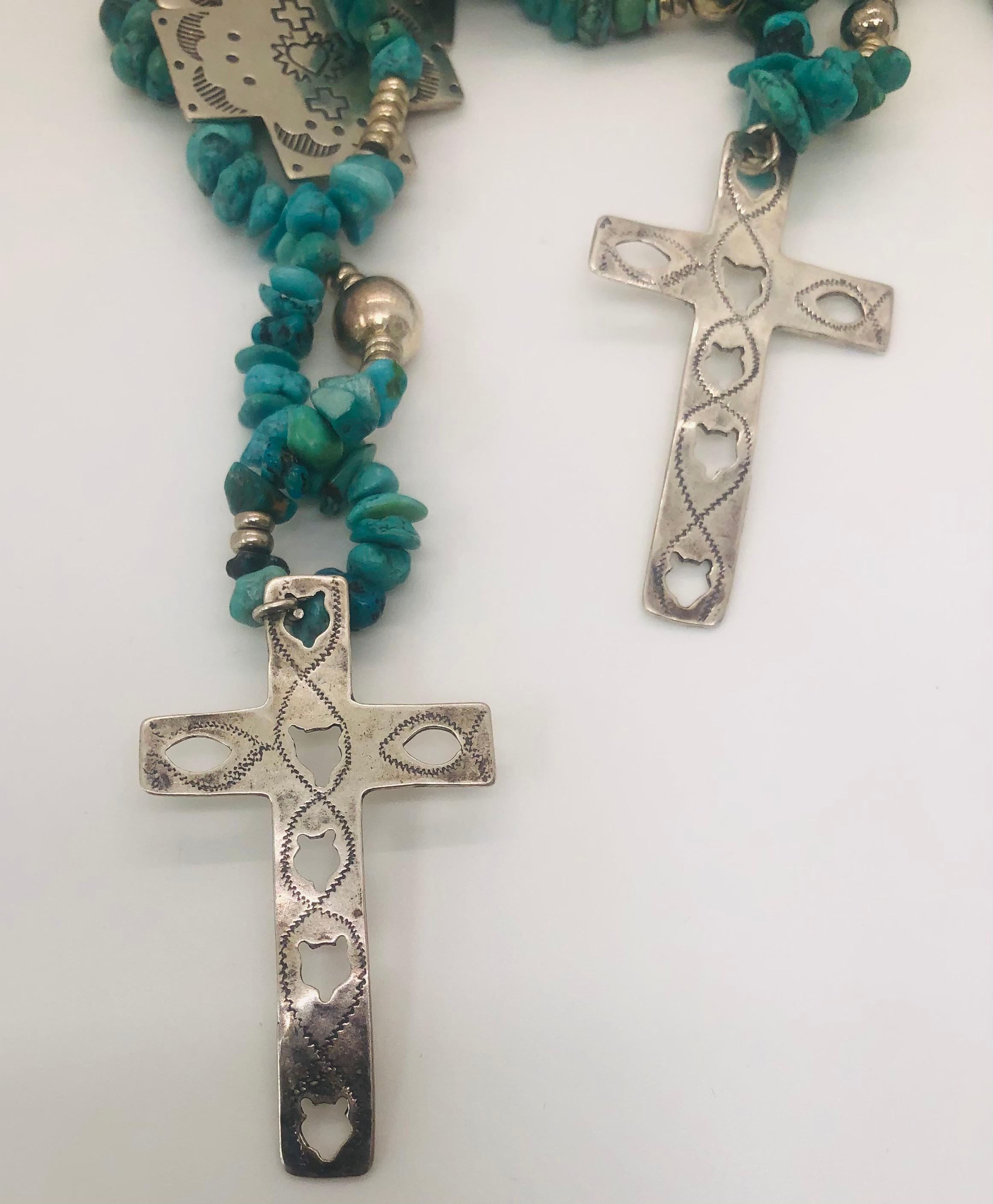 Rare T Foree Sterling Silver Cross Pendants & Navajo Turquoise Necklace In Good Condition In Plainview, NY