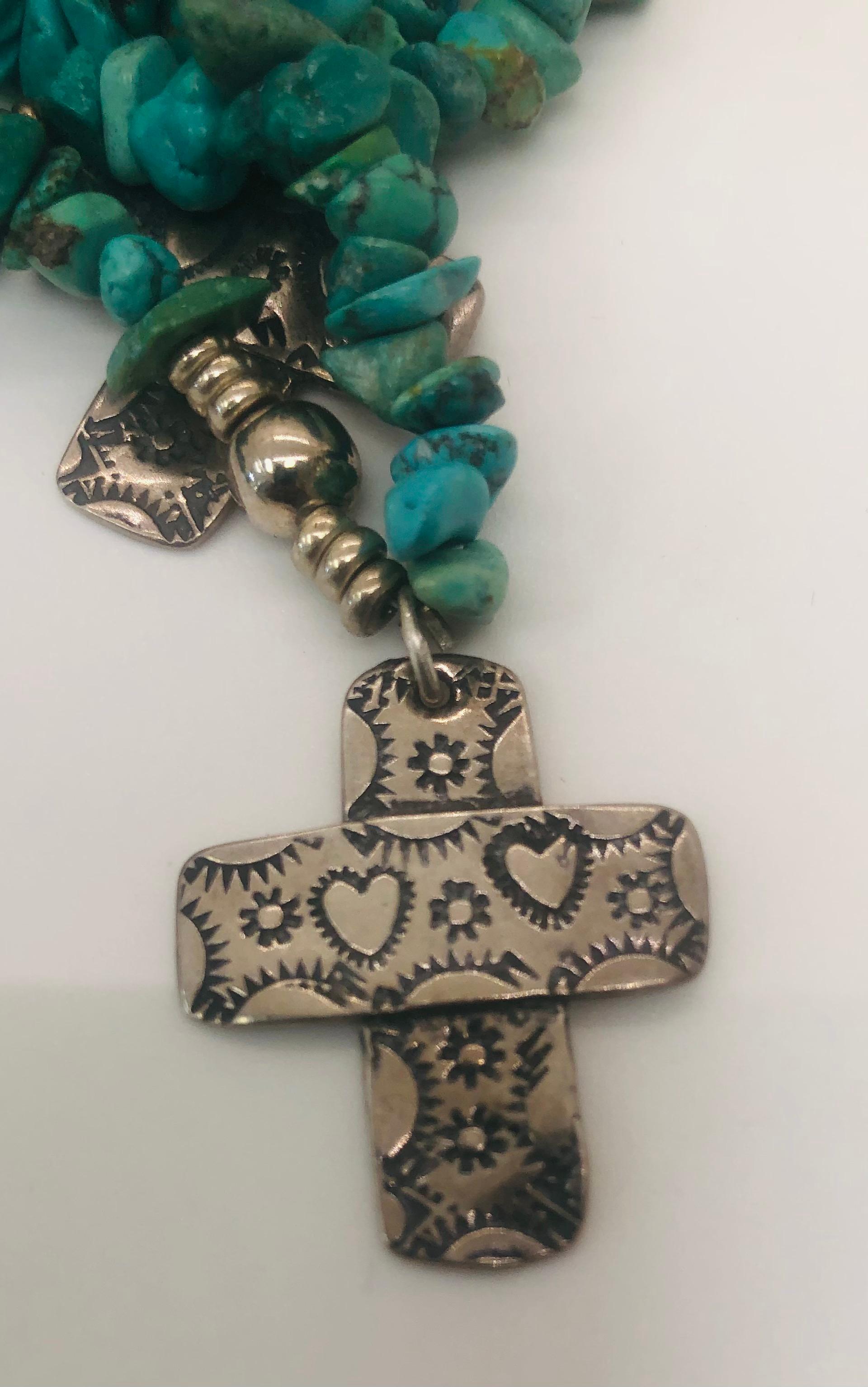 20th Century Rare T Foree Sterling Silver Cross Pendants & Navajo Turquoise Necklace