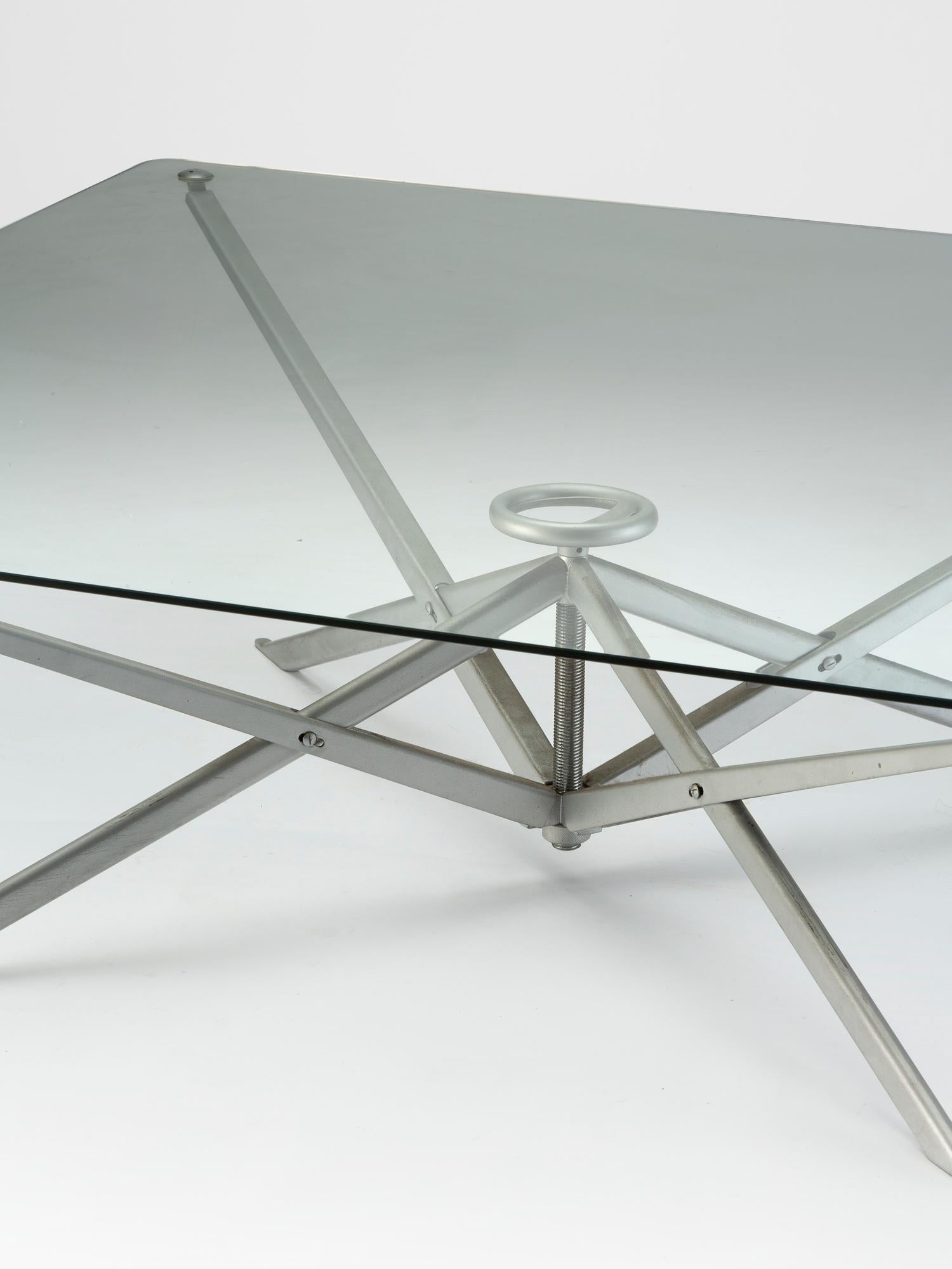 Rare table Hero's Muscles design by Paolo Pallucco and Mireille Rivier in 1989, only a few were produced.
The table is made of a metal structure with a temperate glass tabletop.
Beautiful original condition!!