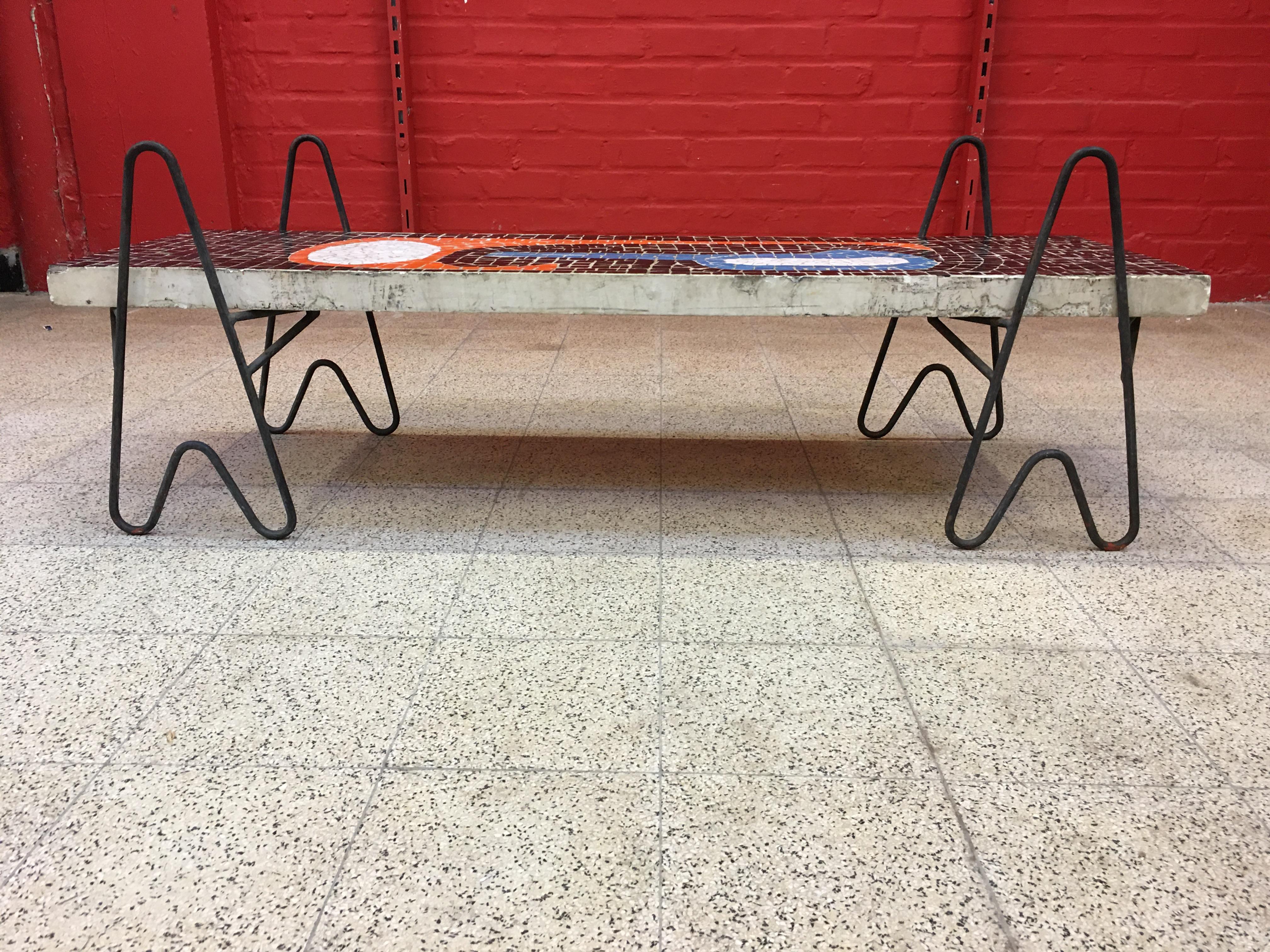 Mid-Century Modern Rare Table in Cement, Ceramic and Wrought Iron, Belgium, circa 1950 For Sale