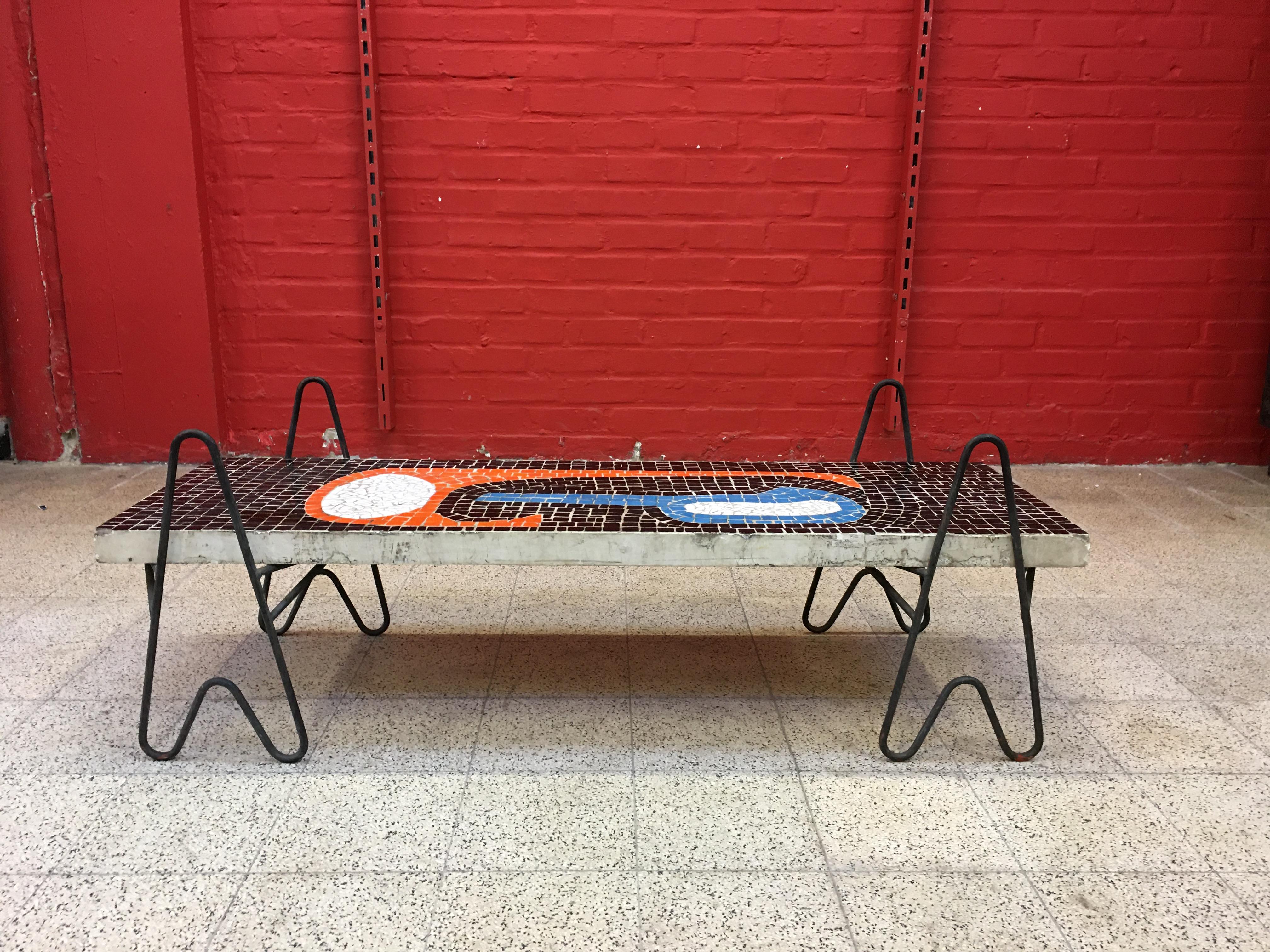 Mosaic Rare Table in Cement, Ceramic and Wrought Iron, Belgium, circa 1950 For Sale