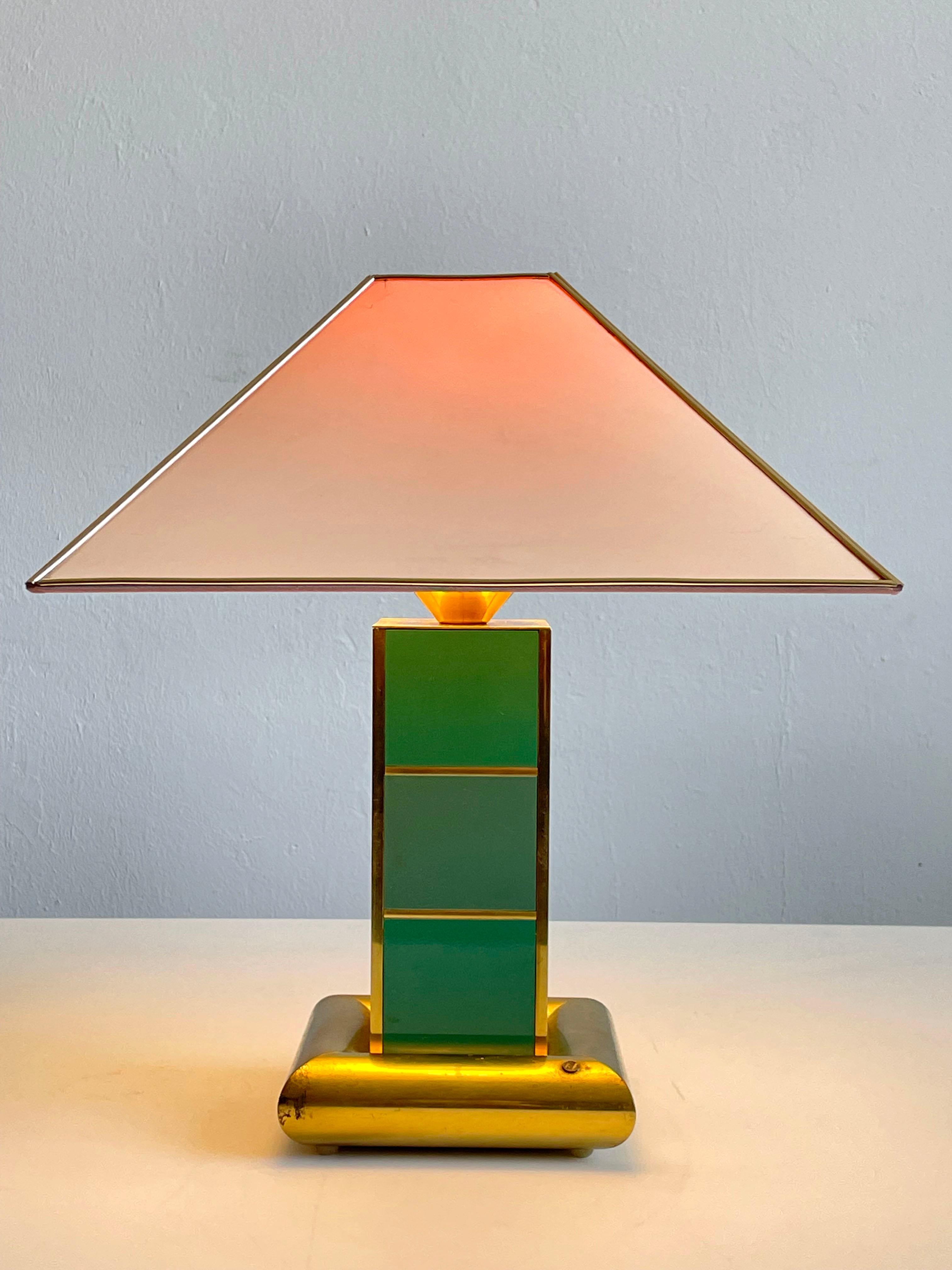 Hollywood Regency Rare Table Lamp by AV Vikic, Brass and Enamel with Plastic Shade, 1980s