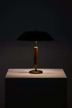 Rare Table Lamp in Brass, Leather and Original Lamp Shade, 1950's