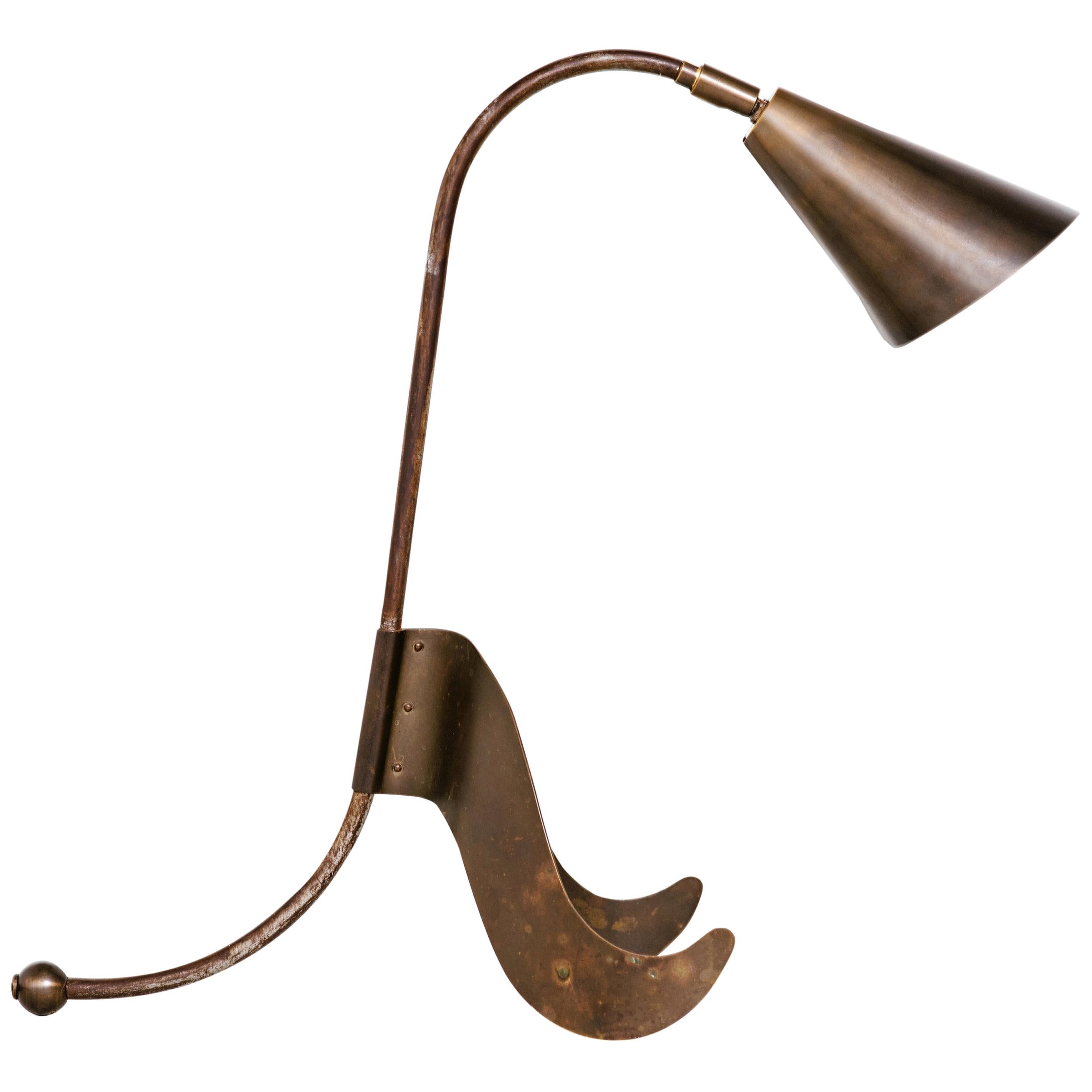 Rare Desk Lamp in Patinated Brass and Steel, Netherlands, circa 1975
