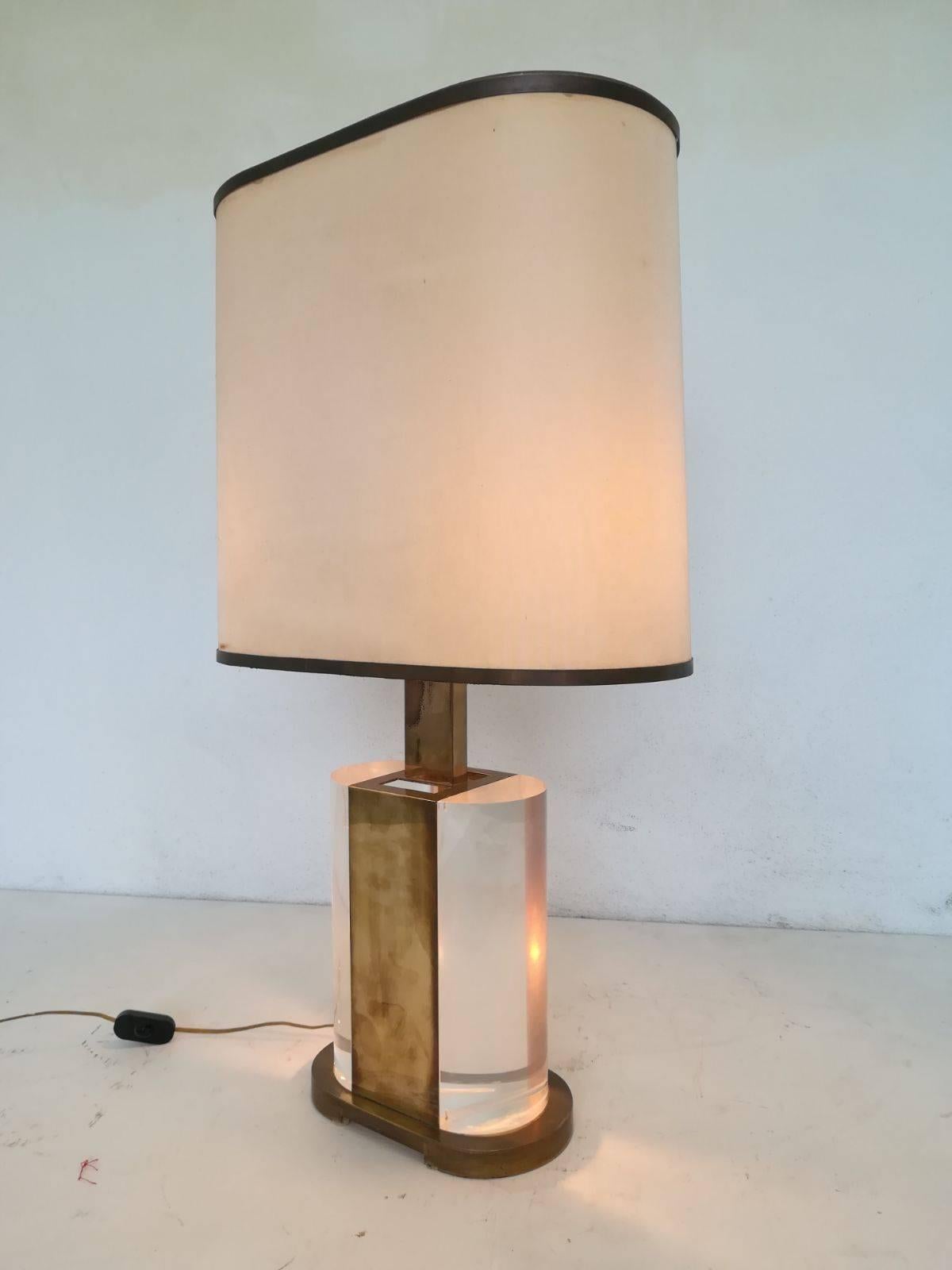 Rare brass and Lucite table lamp signed Gabriella Crespi.
Original brass and silk shade.