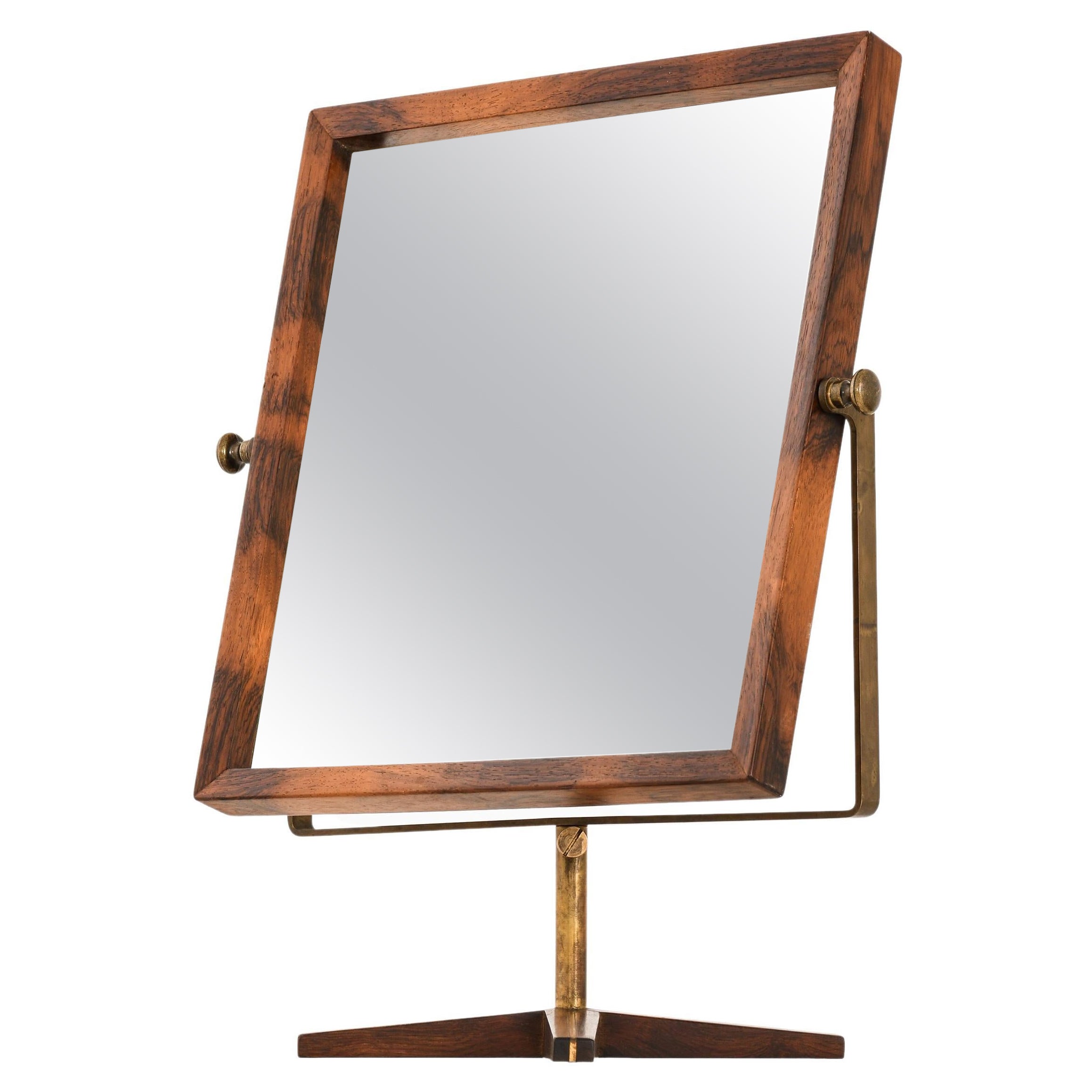 Rare Table Mirror in Rosewood and Brass, 1950's For Sale