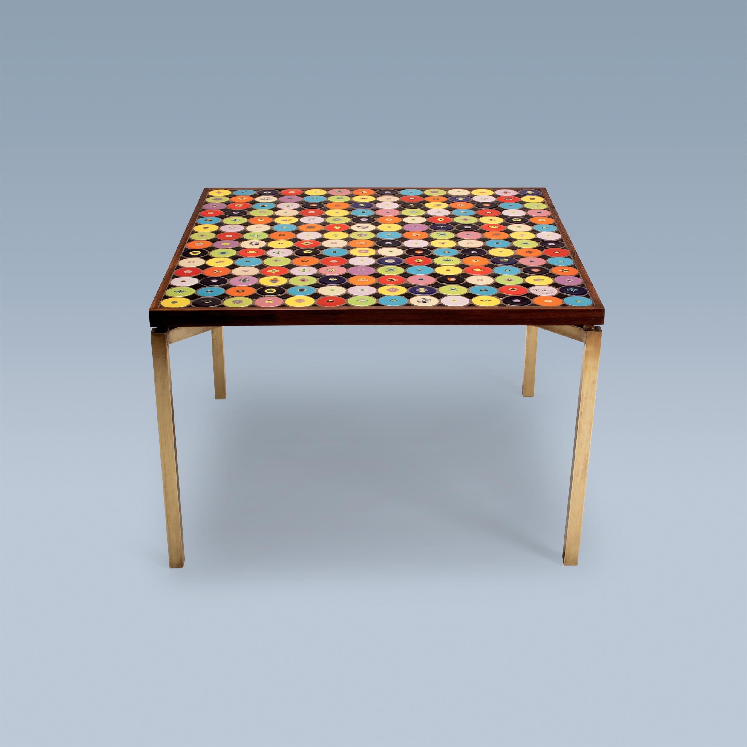 Scandinavian Modern Danish modern coffee table with red, yellow, green, blue tiles and brass legs For Sale
