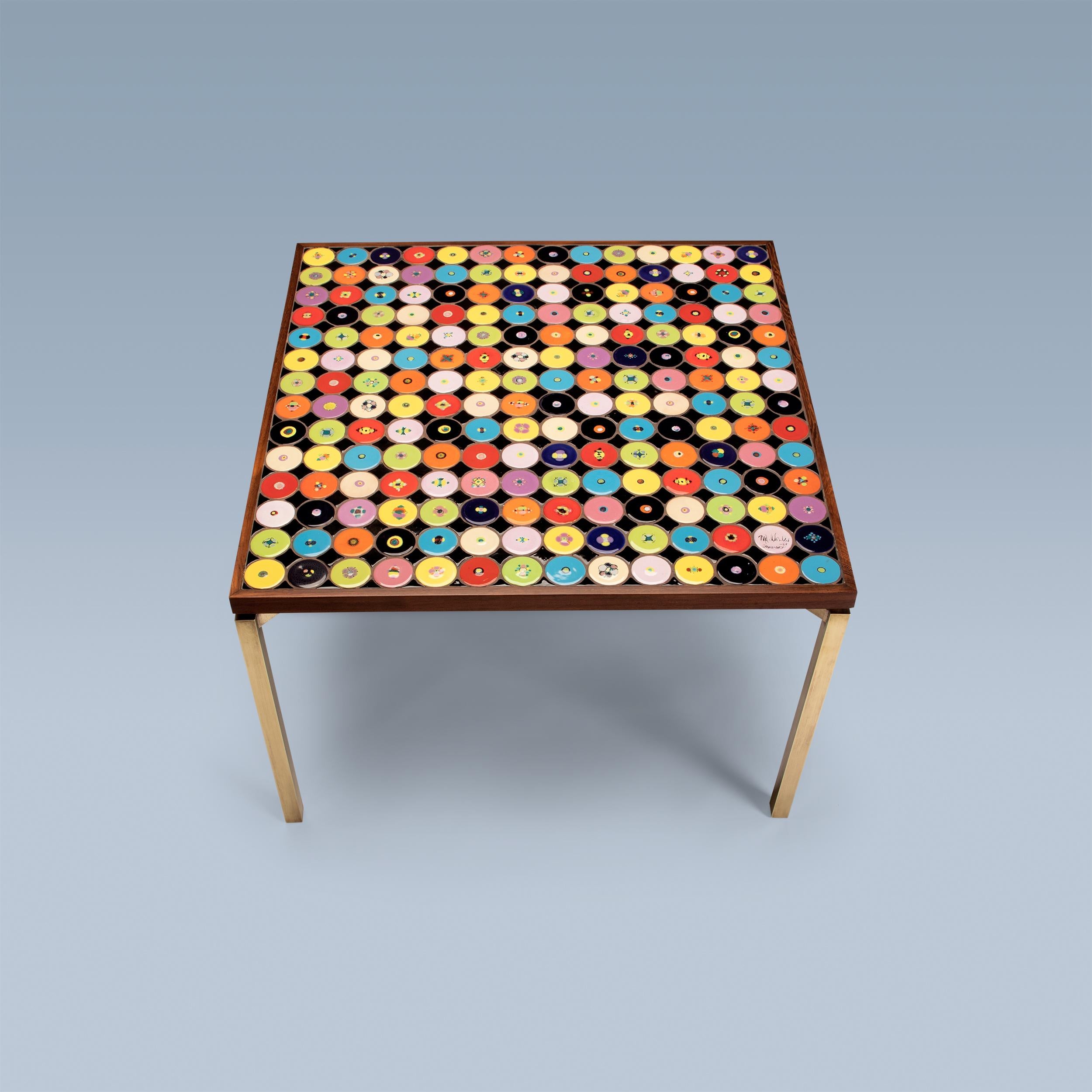 Hand-Painted Danish modern coffee table with red, yellow, green, blue tiles and brass legs For Sale