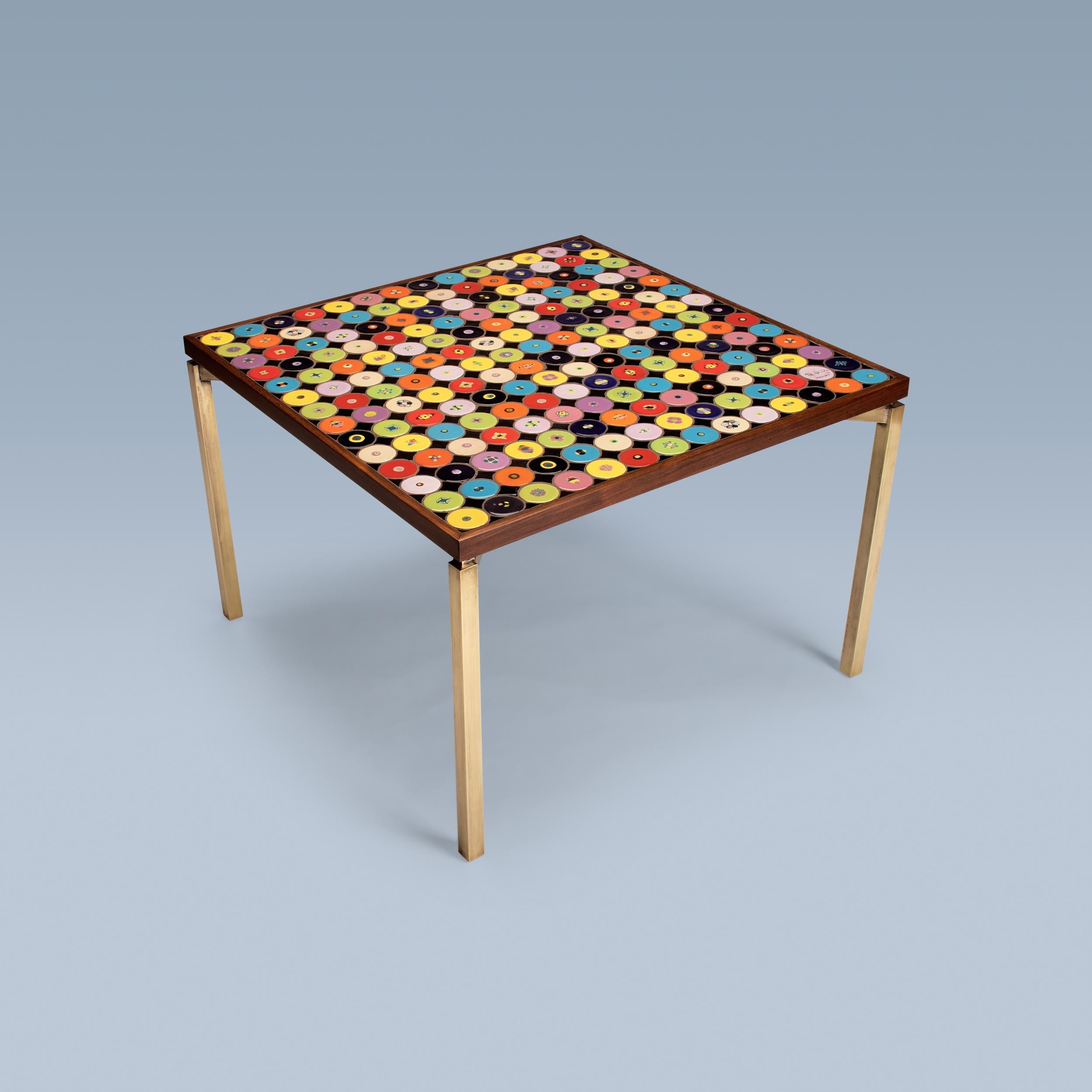 20th Century Danish modern coffee table with red, yellow, green, blue tiles and brass legs For Sale