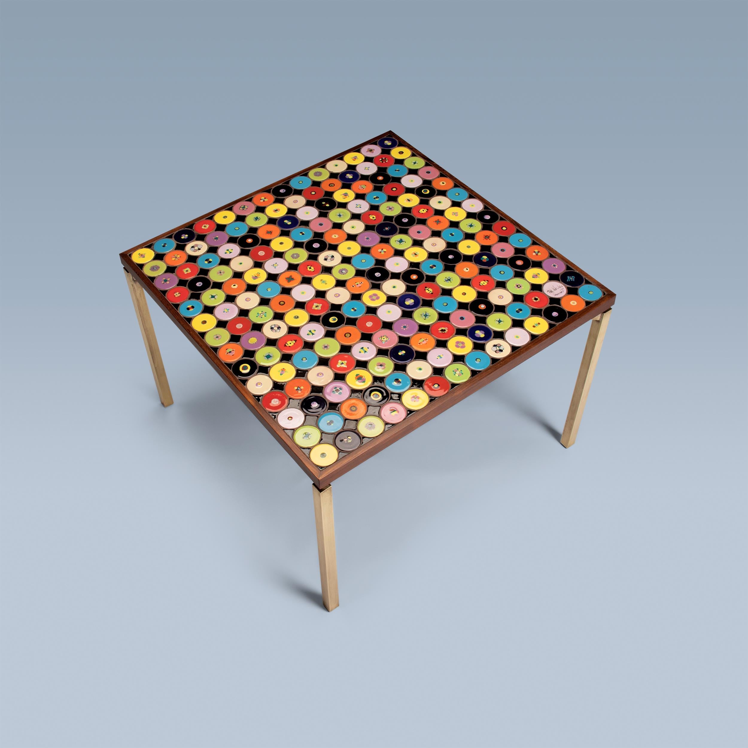 Danish modern coffee table with red, yellow, green, blue tiles and brass legs For Sale 1