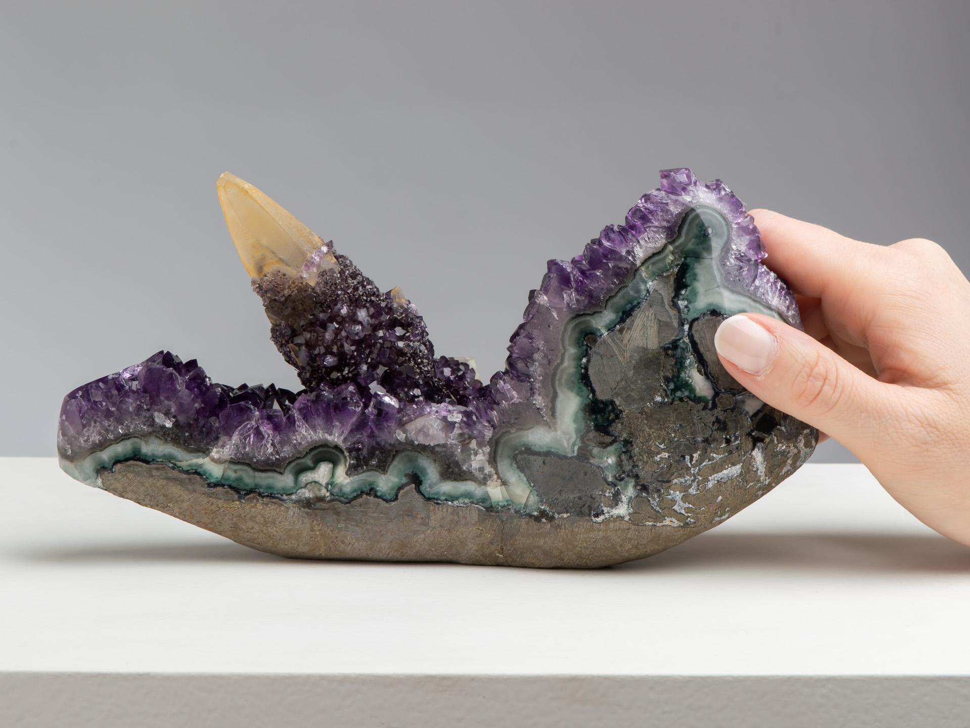 Uruguayan Rare Tabletop Amethyst Formation with Calcite Goethite & Quartz For Sale
