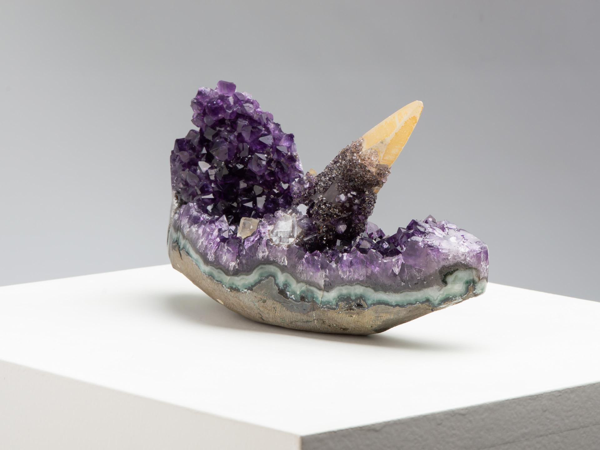18th Century and Earlier Rare Tabletop Amethyst Formation with Calcite Goethite & Quartz For Sale