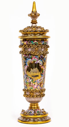 Rare Tall 19th C. Moser Crystal Fairytale Covered Pokal with Enamel and Gilding