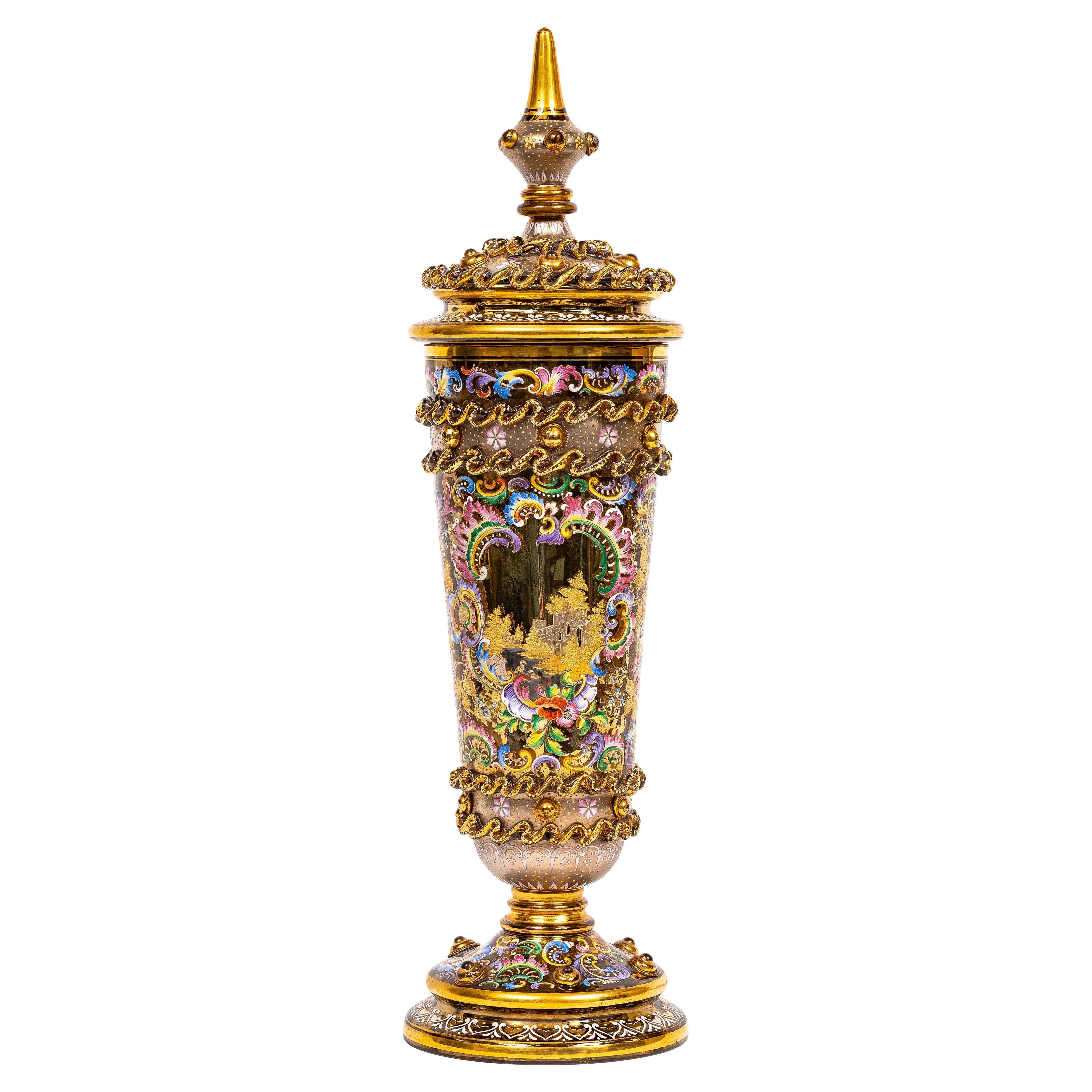 Rare Tall 19th C. Moser Crystal Fairytale Covered Pokal with Enamel and Gilding