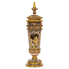 Raro Pokal alto de cristal de Moser del S. XIX cubierto de cuento de hadas con esmalte y dorado