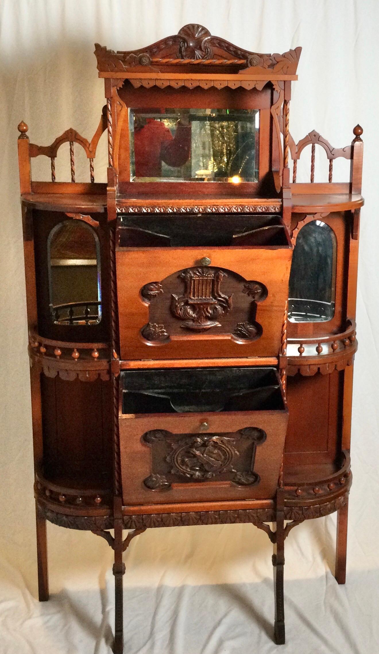Hand-Carved Rare Tall 19th Century Cherry Music Cabinet Etagere
