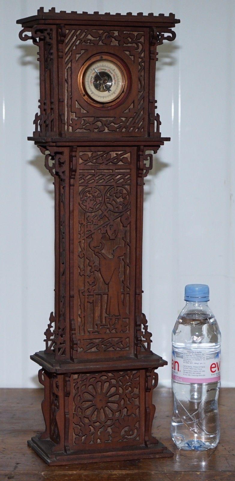 Rare Tall 19th Century Continental Walnut Fret Carved Barometer Oriental 6