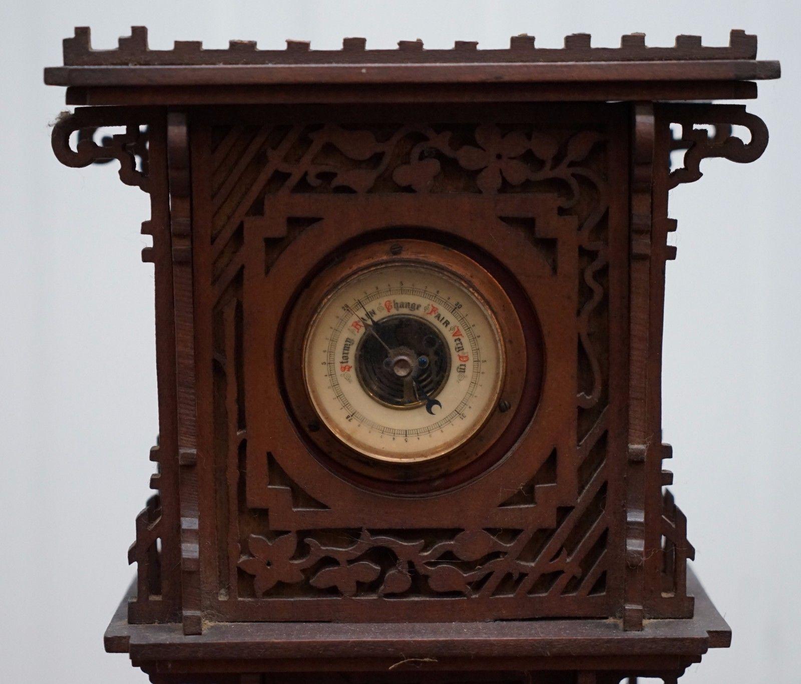 Victorian Rare Tall 19th Century Continental Walnut Fret Carved Barometer Oriental