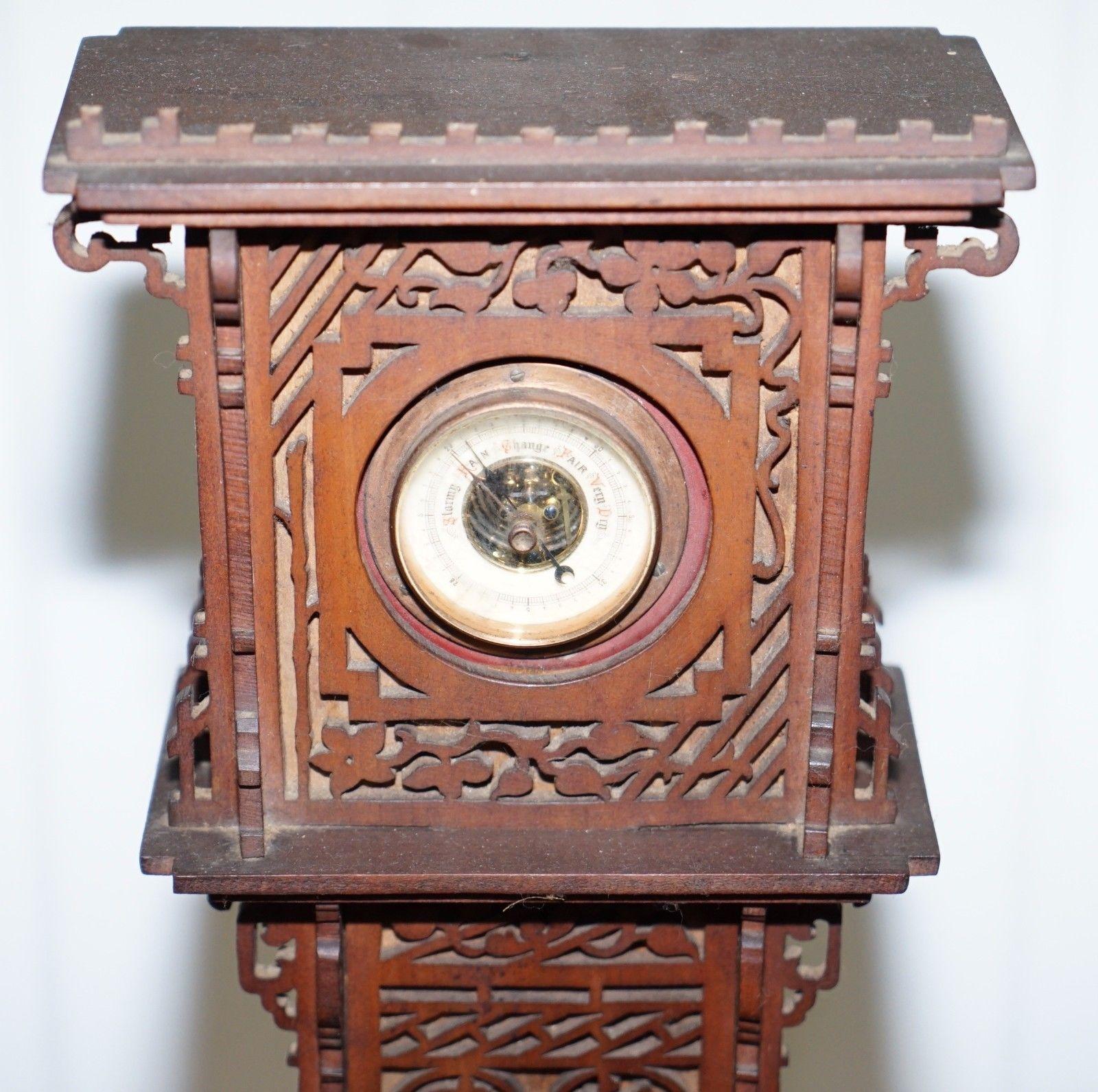Rare Tall 19th Century Continental Walnut Fret Carved Barometer Oriental 2
