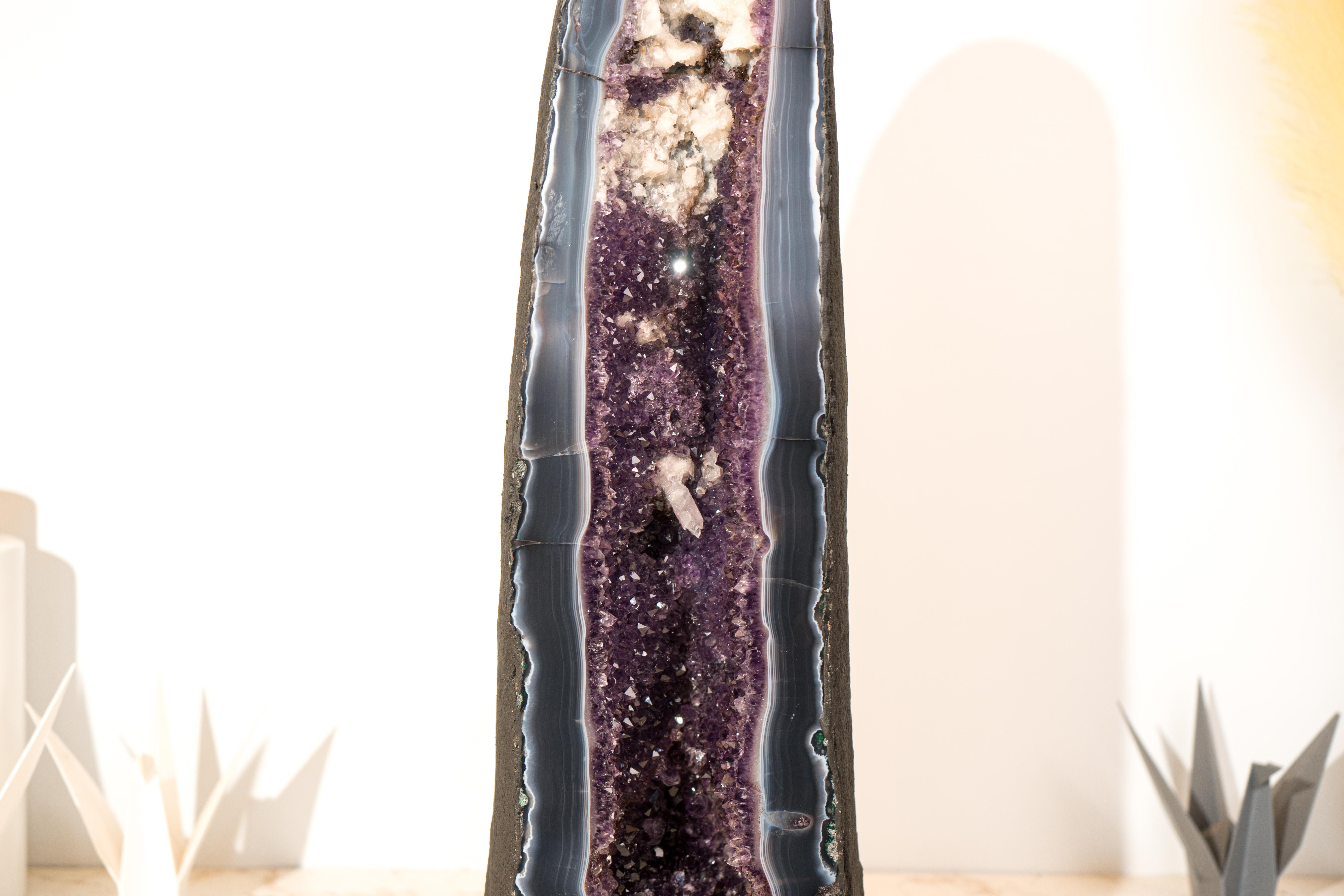 Rare Tall Deep Purple Amethyst Geode Cathedral with Blue Lace Agate & Calcite 4