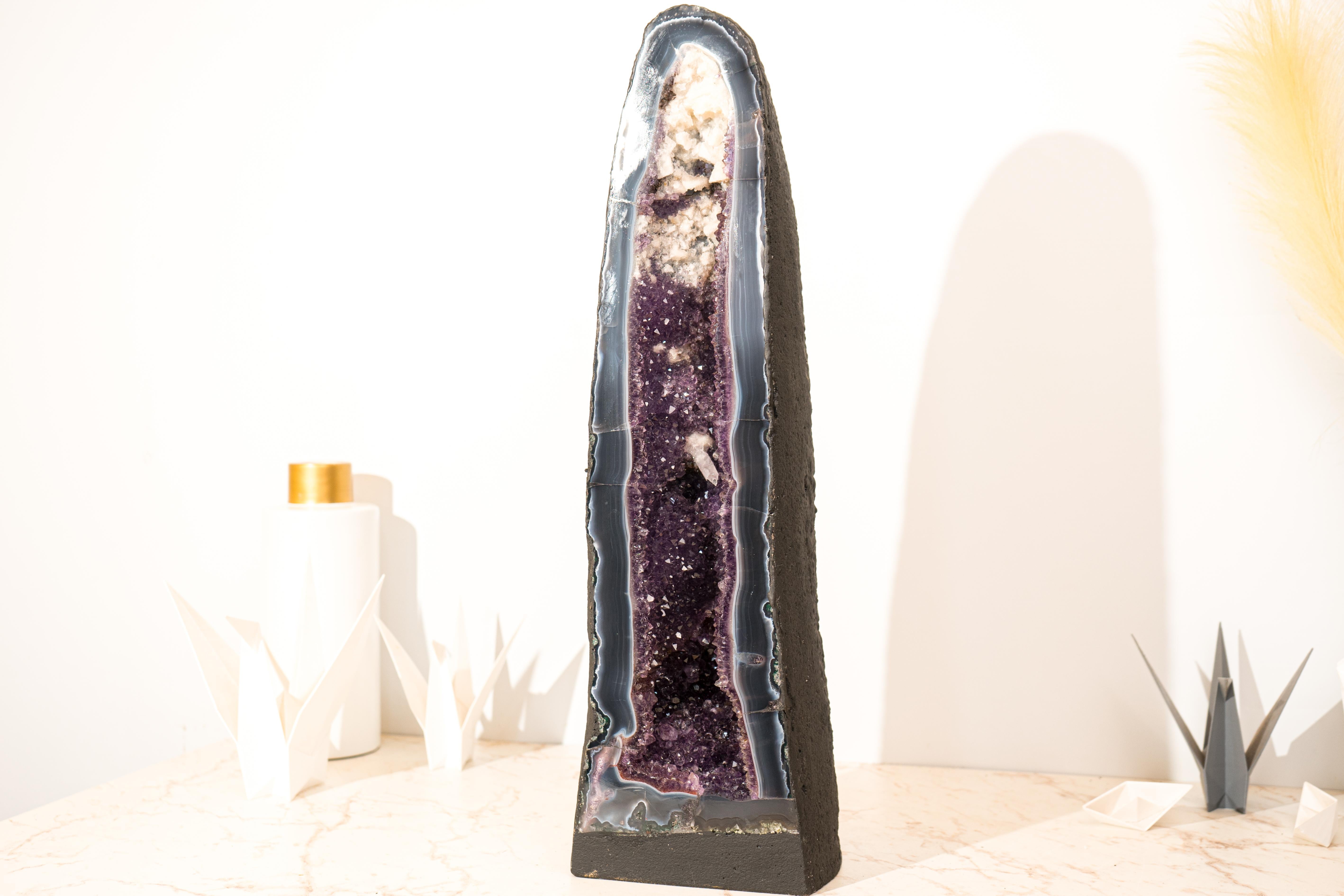 Rare Tall Deep Purple Amethyst Geode Cathedral with Blue Lace Agate & Calcite 6