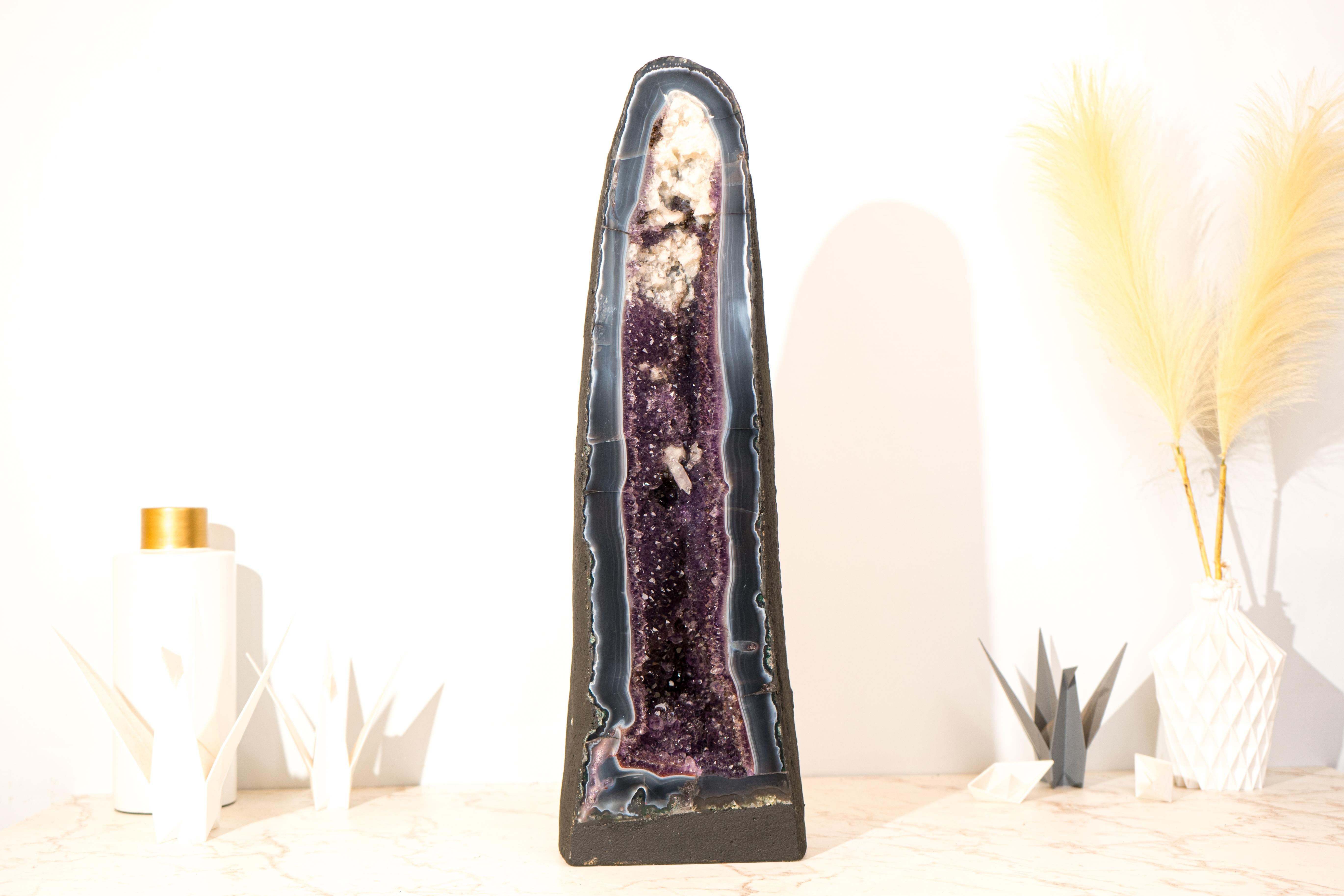 Rare Tall Deep Purple Amethyst Geode Cathedral with Blue Lace Agate & Calcite 7