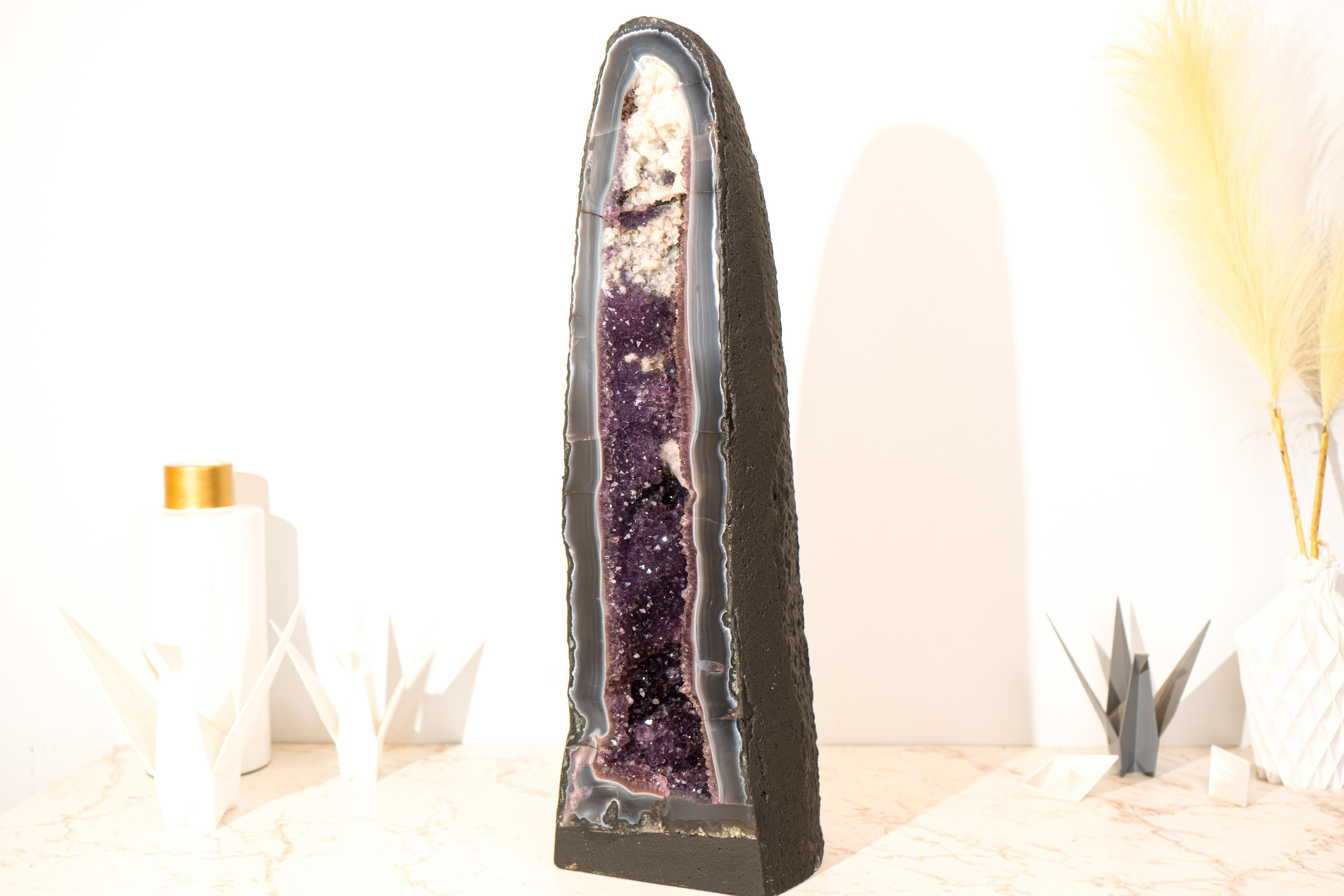 Rare Tall Deep Purple Amethyst Geode Cathedral with Blue Lace Agate & Calcite In New Condition In Ametista Do Sul, BR