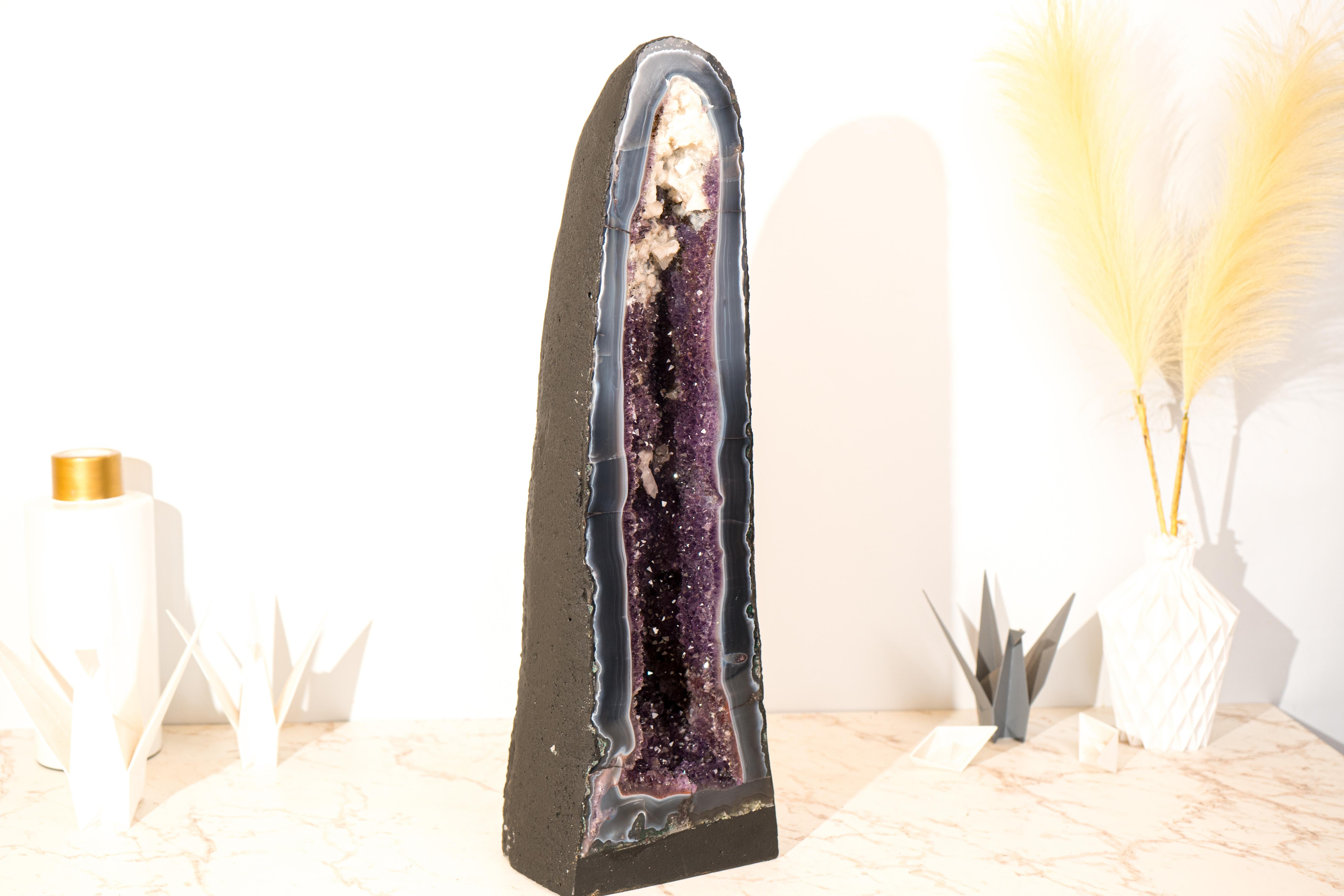 Contemporary Rare Tall Deep Purple Amethyst Geode Cathedral with Blue Lace Agate & Calcite