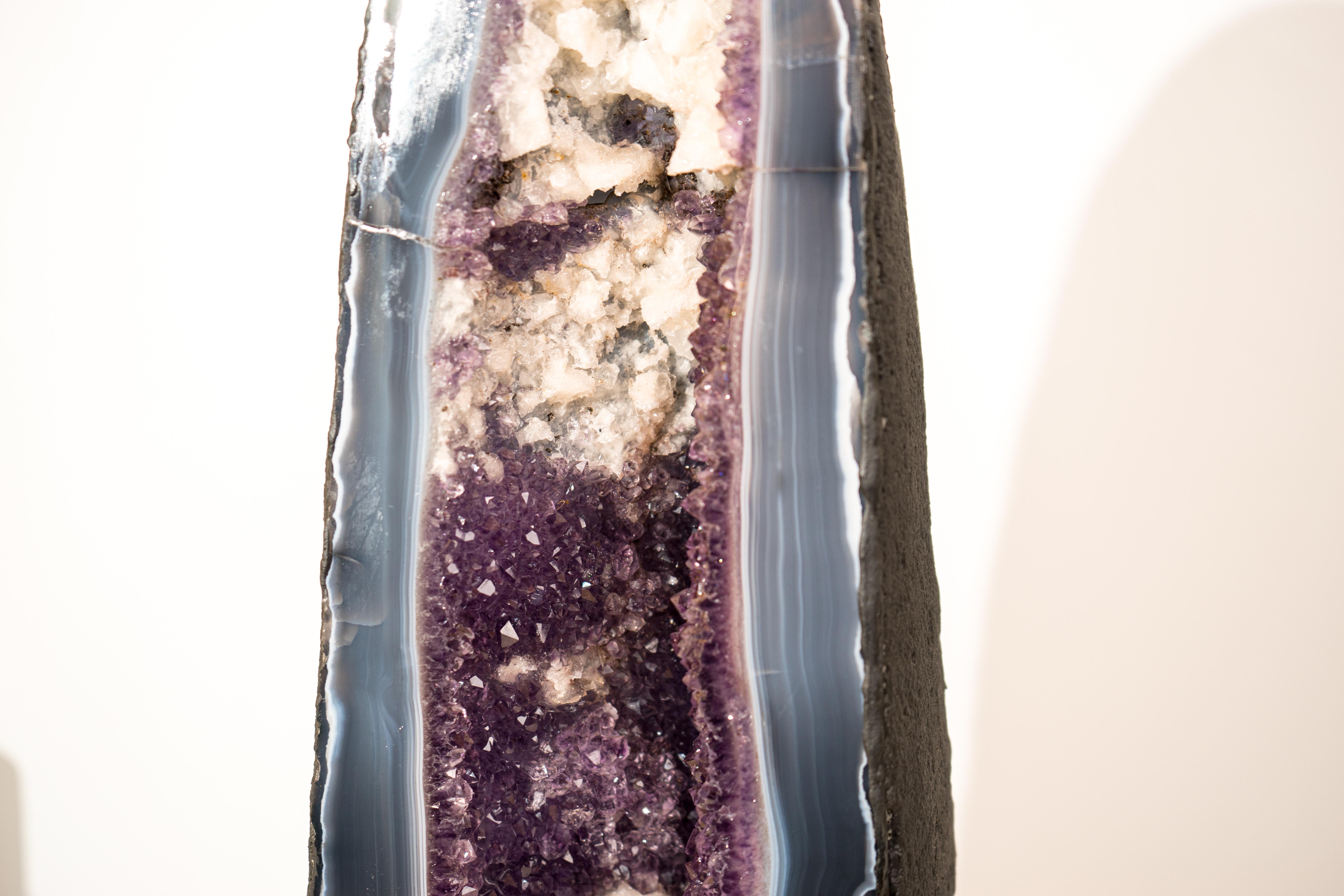 Rare Tall Deep Purple Amethyst Geode Cathedral with Blue Lace Agate & Calcite 2