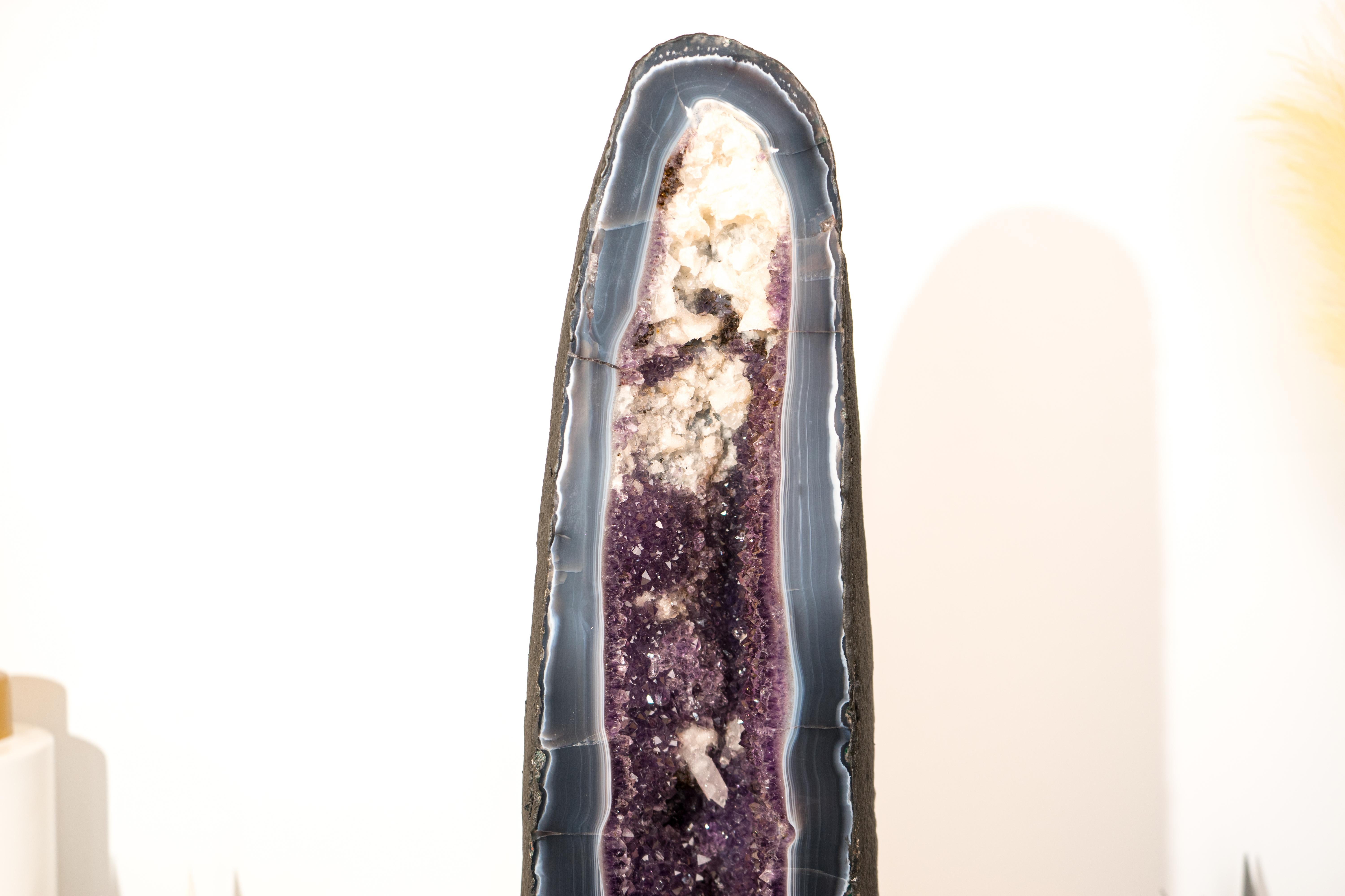 Rare Tall Deep Purple Amethyst Geode Cathedral with Blue Lace Agate & Calcite 3