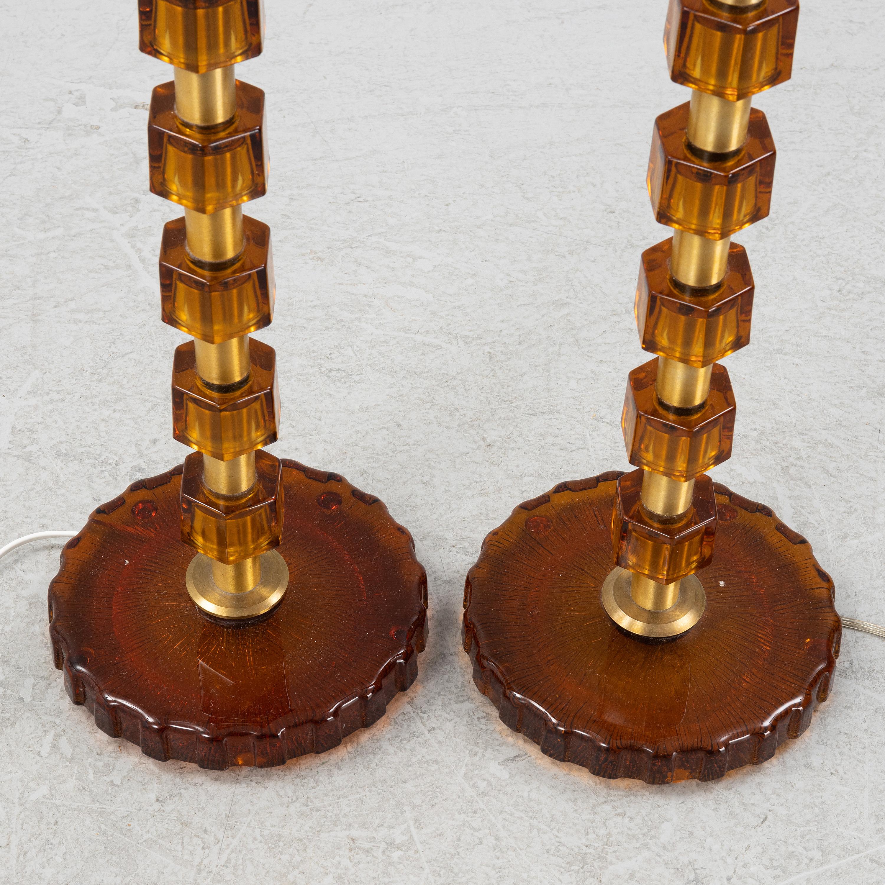 Mid-Century Modern Lamps by Nybro Armaturfabrik  Amber Cast Glass & Brass  Signed Sweden 1960 For Sale