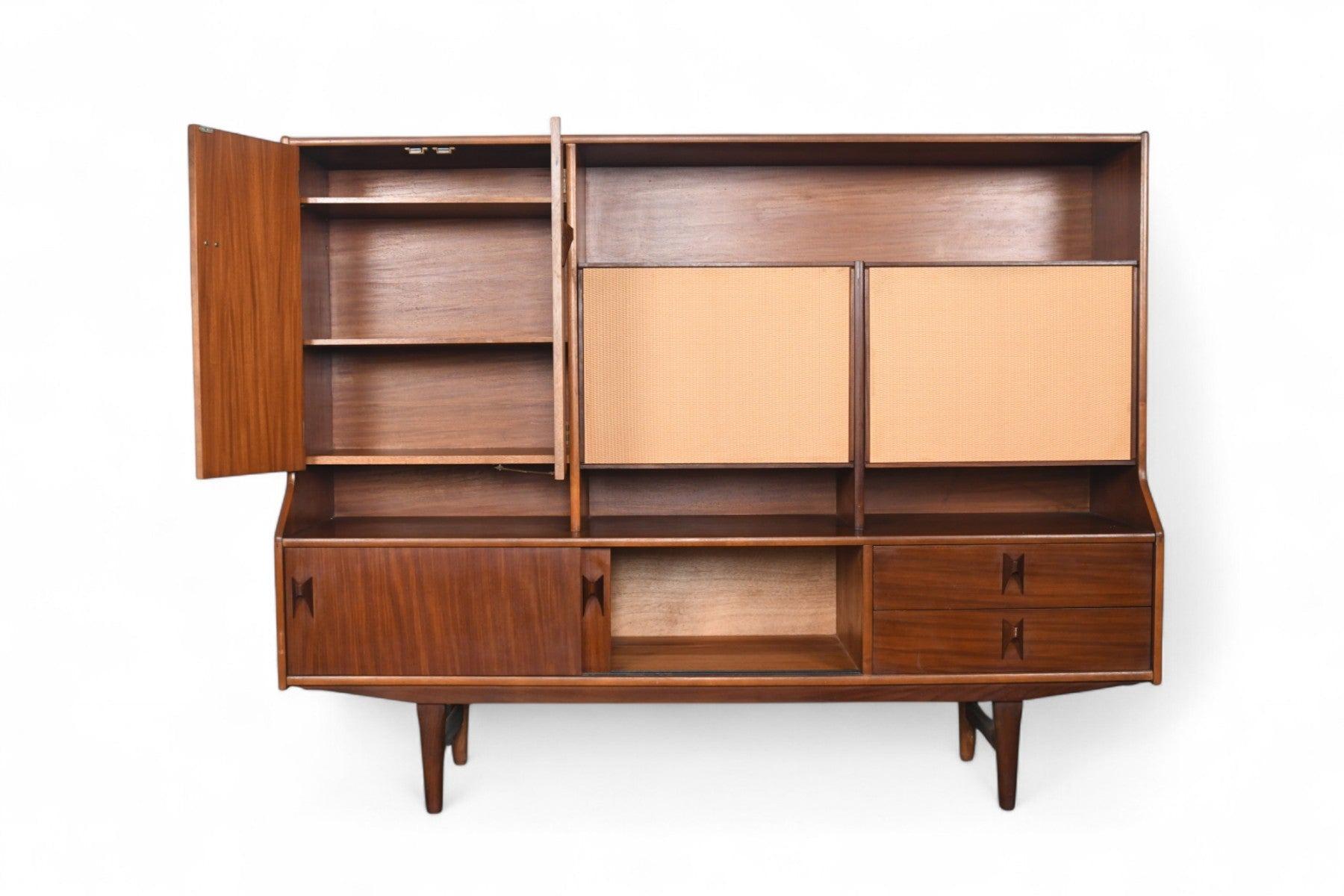 Mid-Century Modern Rare Tall Mahogany Sideboard With Cane Doors by Elliots of Newbury For Sale