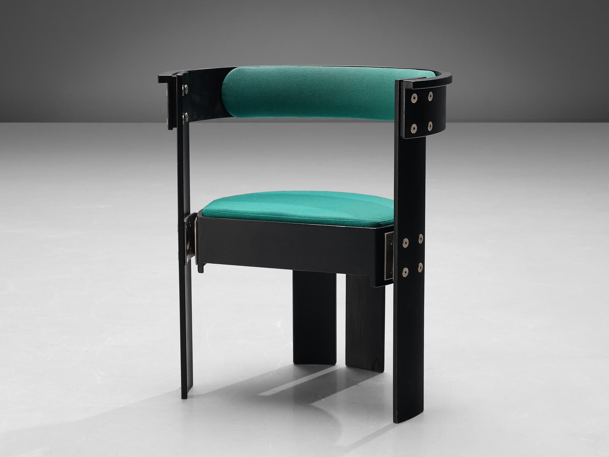 Tarquini Mårtensson, Michael Tarp Jensen, armchair, black lacquered plywood, metal, wool, Denmark, 1974

This dining chair was designed by Danish architects Tarquini Mårtensson and Michael Tarp Jensen for Idrættens Hus ('House of Sports'). This