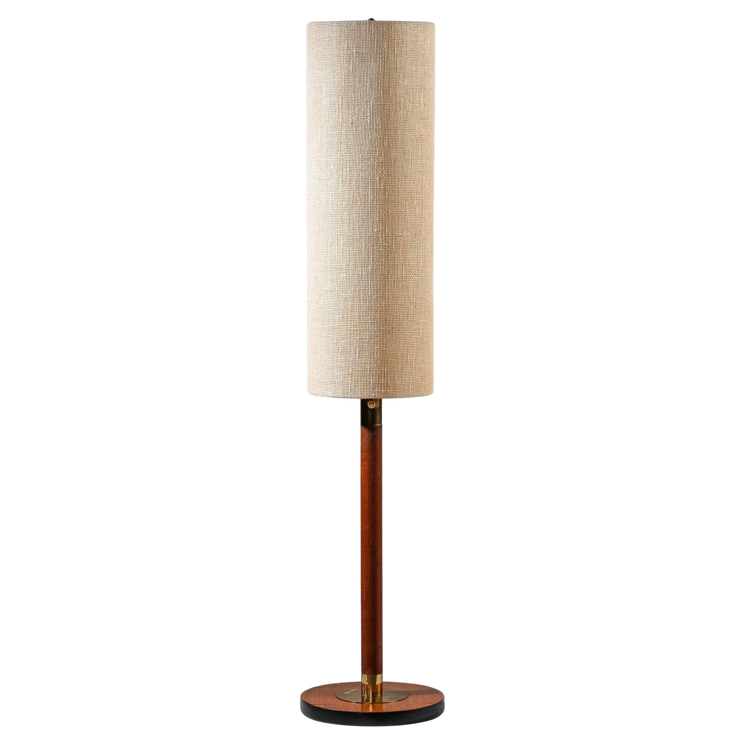 Rare Teak, Brass & Jute Fabric Floor Lamp by Bertel Gardberg, Finland, 1960s