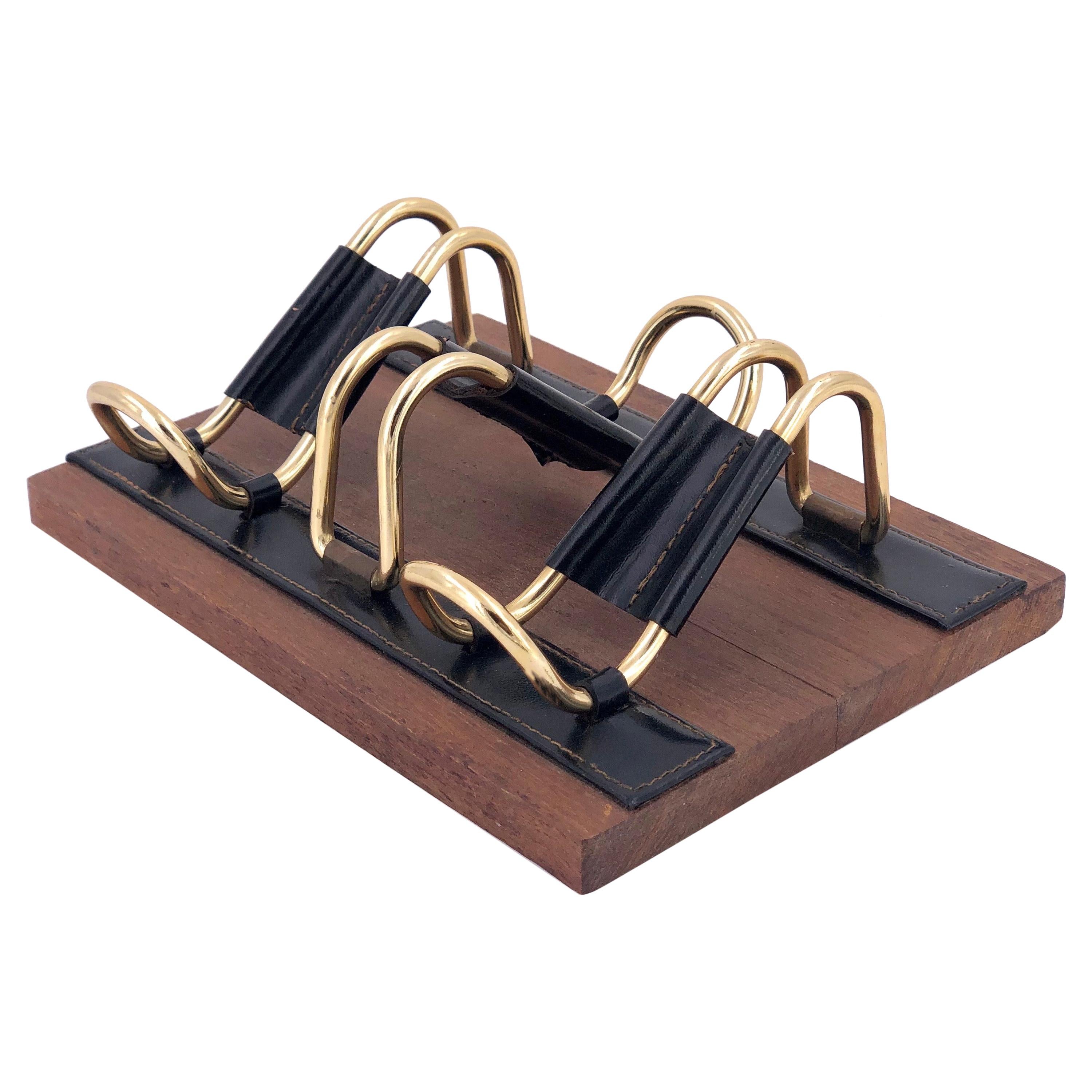 Rare Teak Brass and Leather Pipe Rest Holder Midcentury