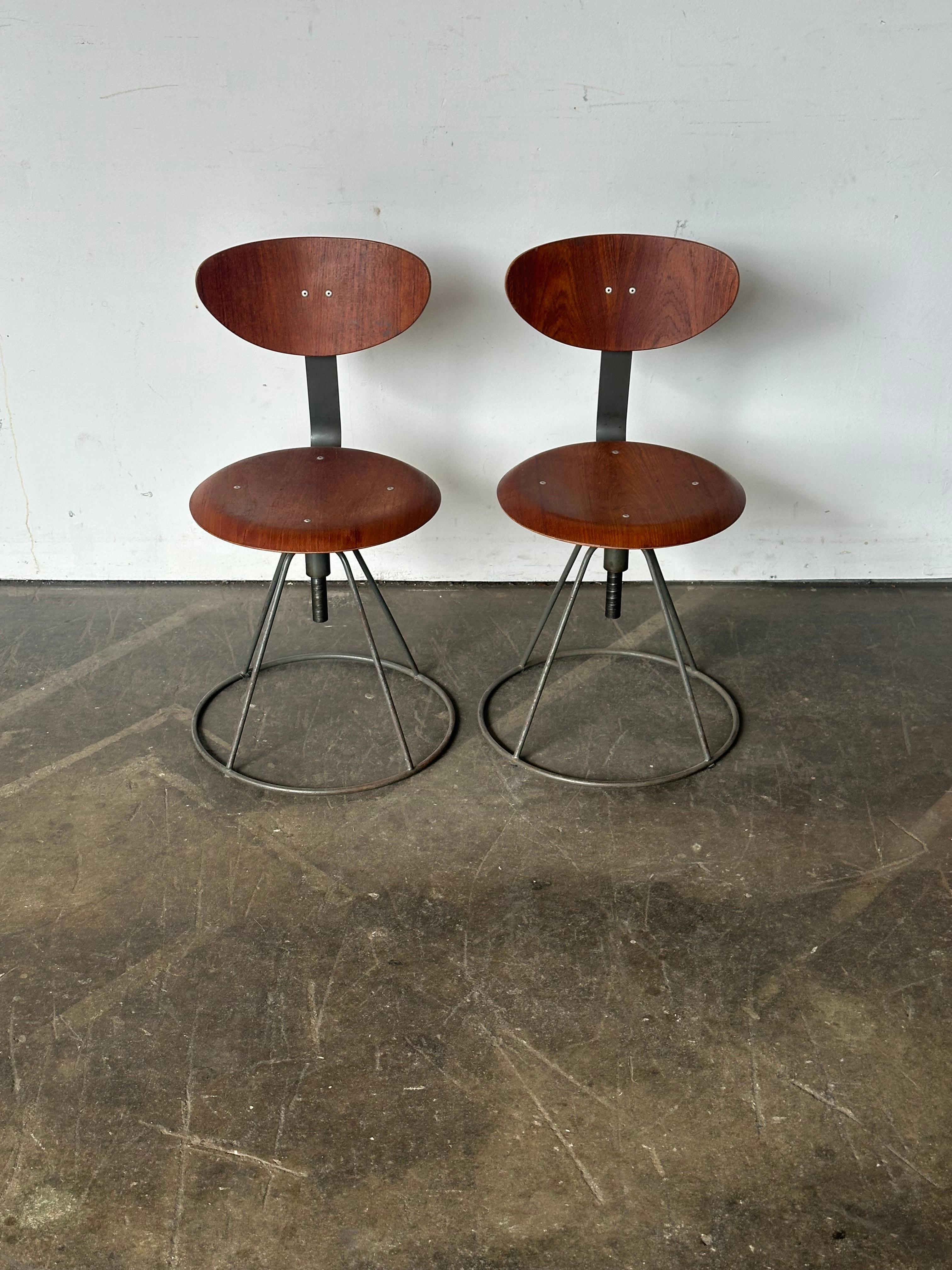 Unique and rare midcentury modern child’s chairs. Executed in teak with steel frames with handsome patina. In good even condition with lovely character and no major wear besides normal signs of use. Beautiful old growth teak with voluptuous color.