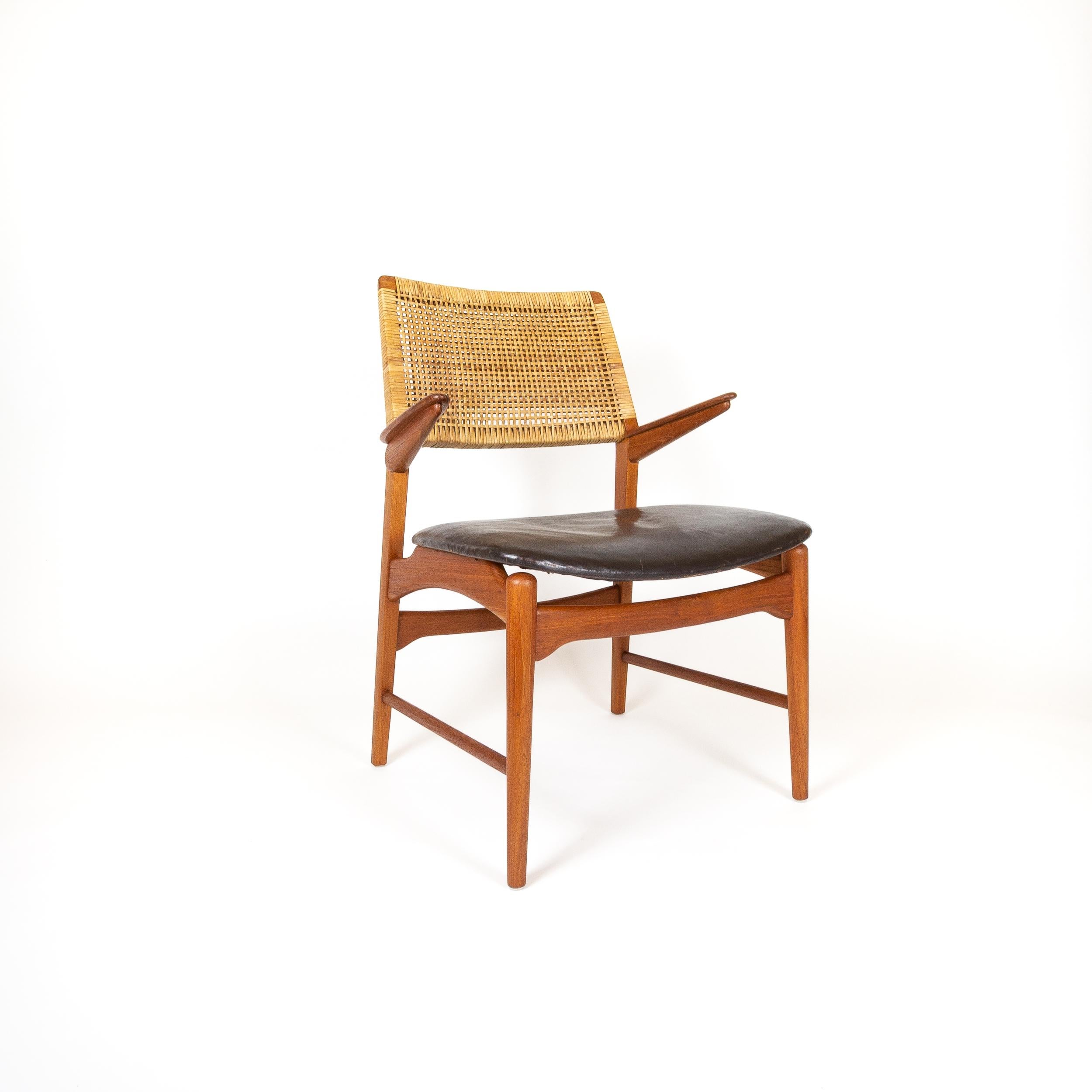 Mid-Century Modern Rare Teak, Leather and Cane Model 48 Armchair, E. Knudsen, Denmark 1950s