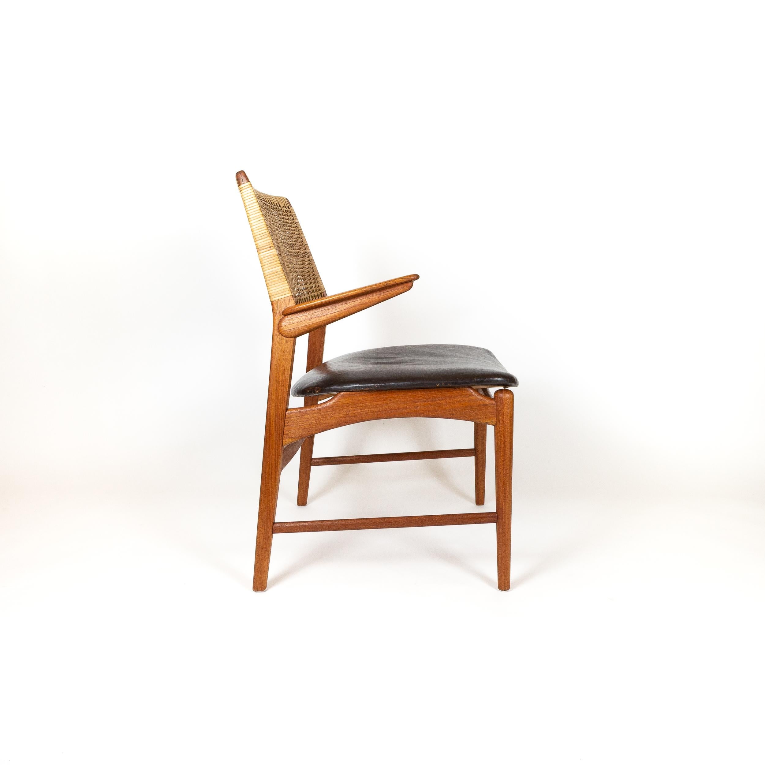 Danish Rare Teak, Leather and Cane Model 48 Armchair, E. Knudsen, Denmark 1950s