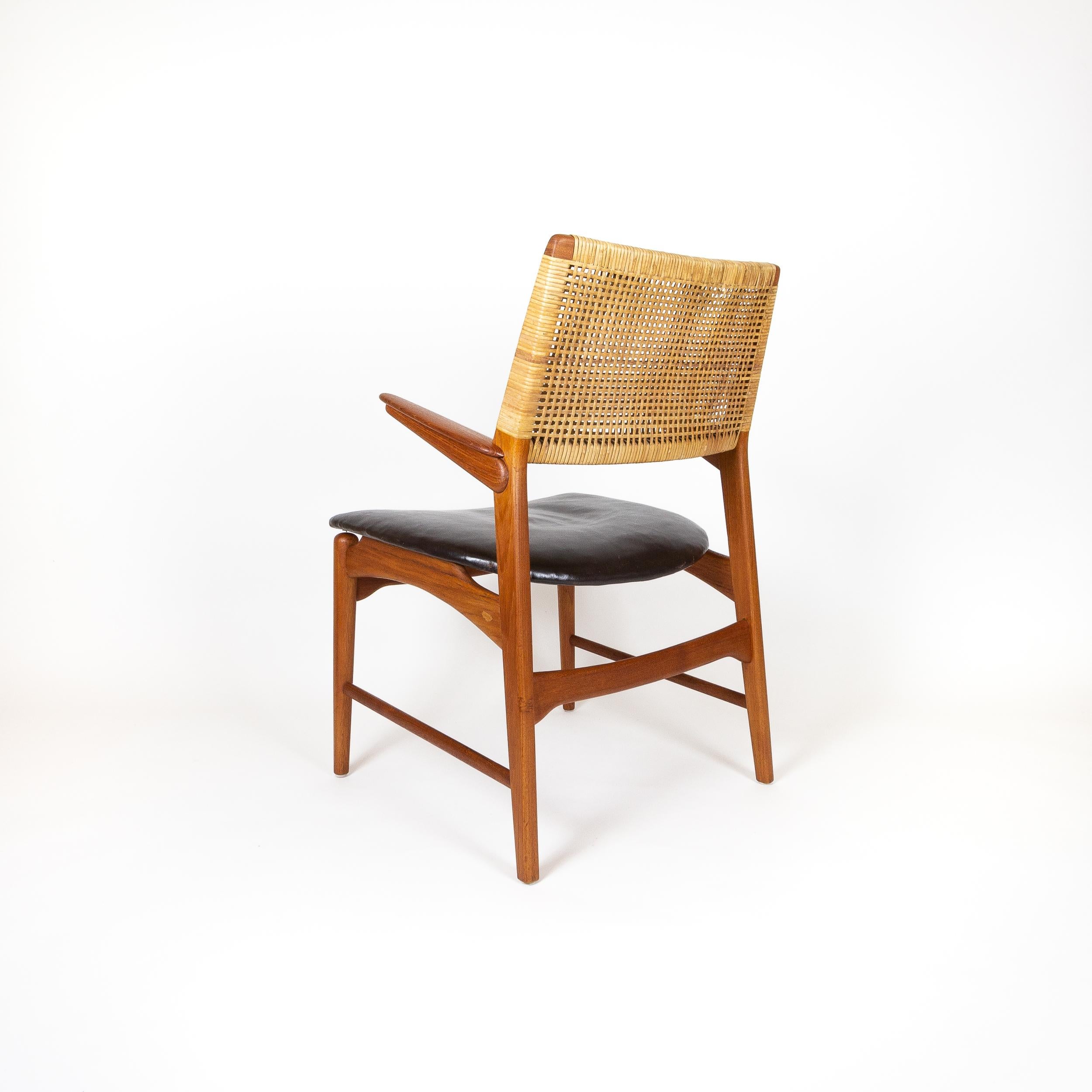 Mid-20th Century Rare Teak, Leather and Cane Model 48 Armchair, E. Knudsen, Denmark 1950s
