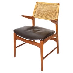 Rare Teak, Leather and Cane Model 48 Armchair, E. Knudsen, Denmark 1950s