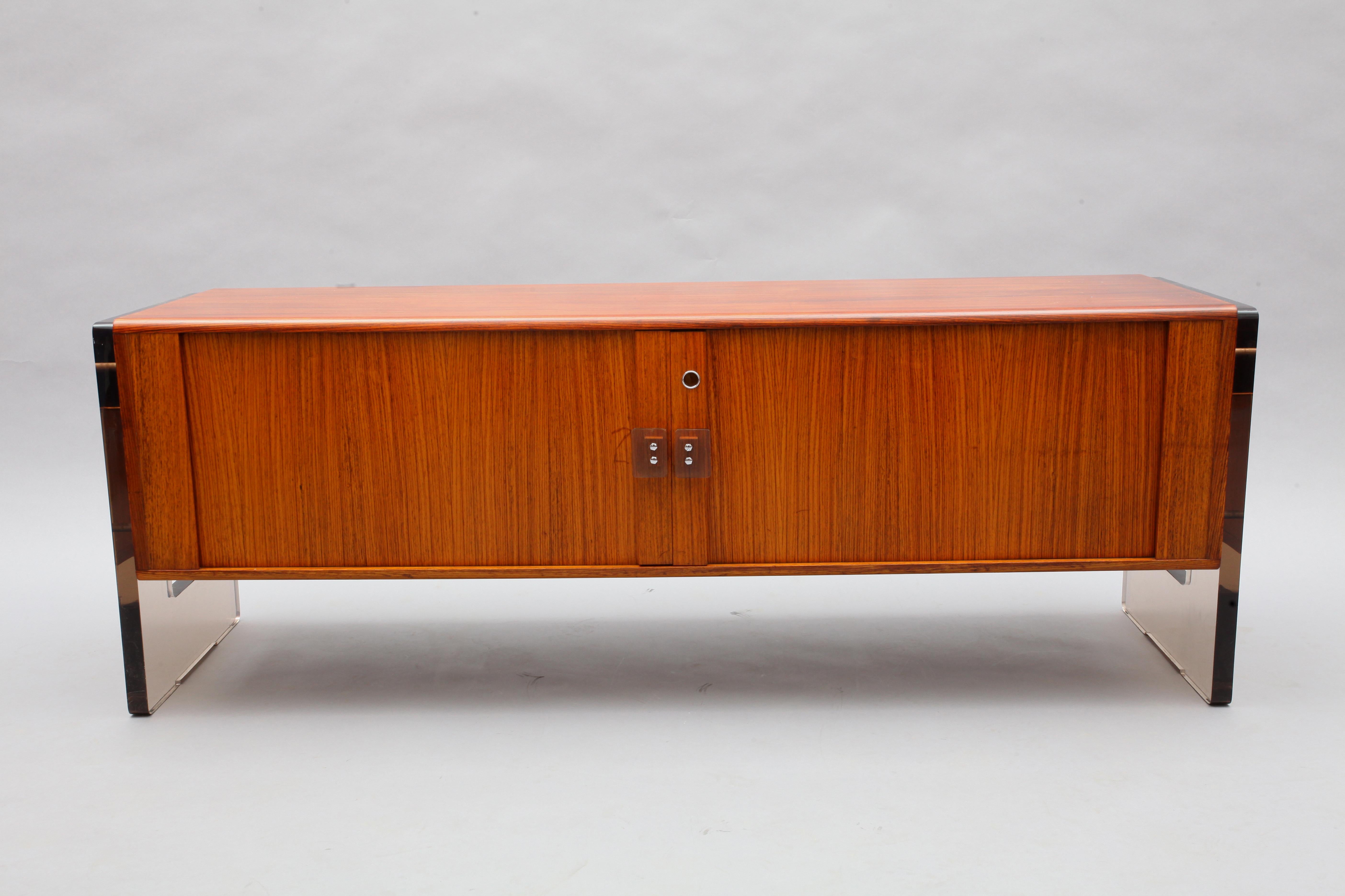 Mid-Century Modern Rare Teak Sideboard with Smoke Lucite Side Parts and Sliding Tambour Doors
