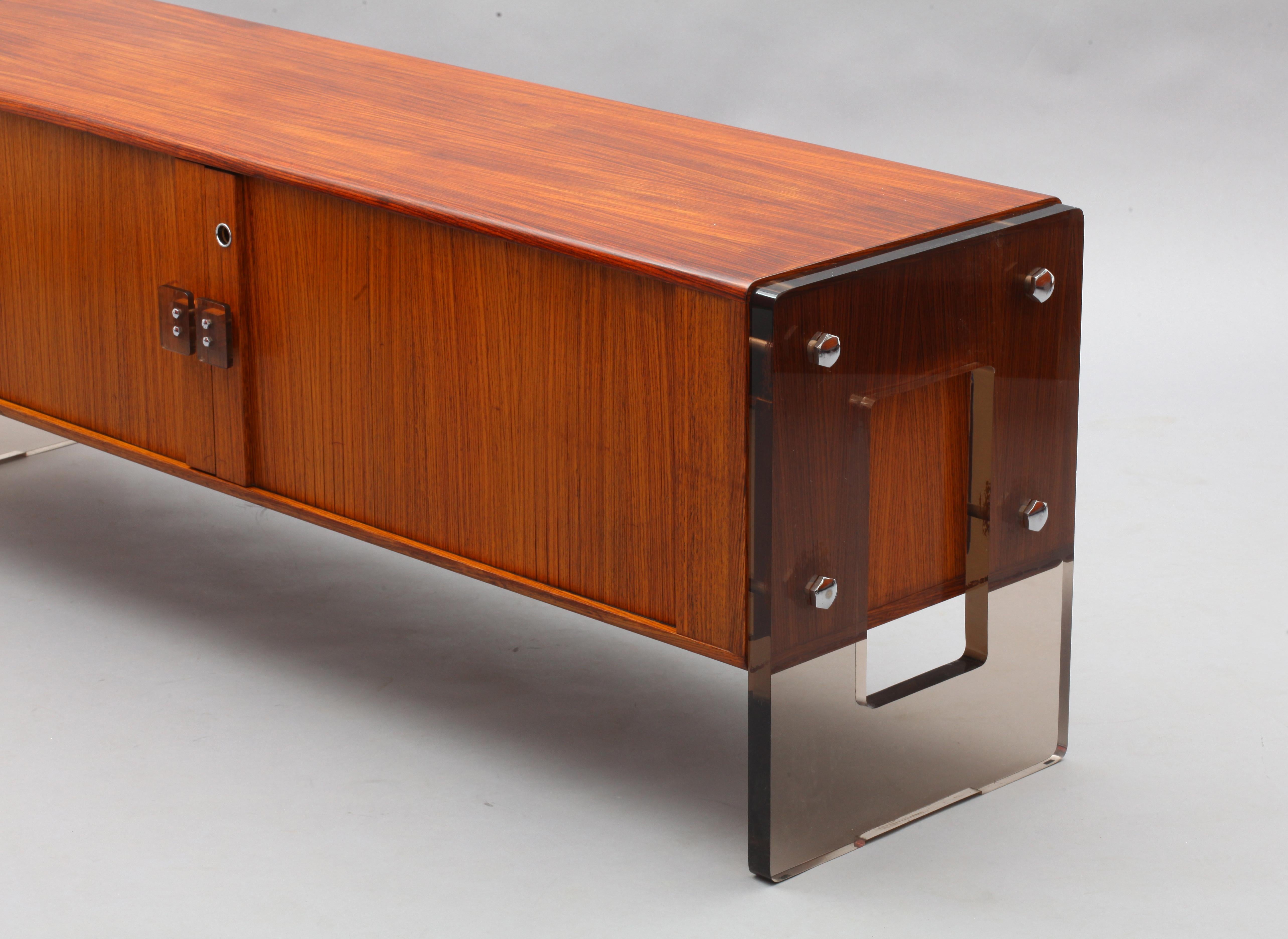 20th Century Rare Teak Sideboard with Smoke Lucite Side Parts and Sliding Tambour Doors