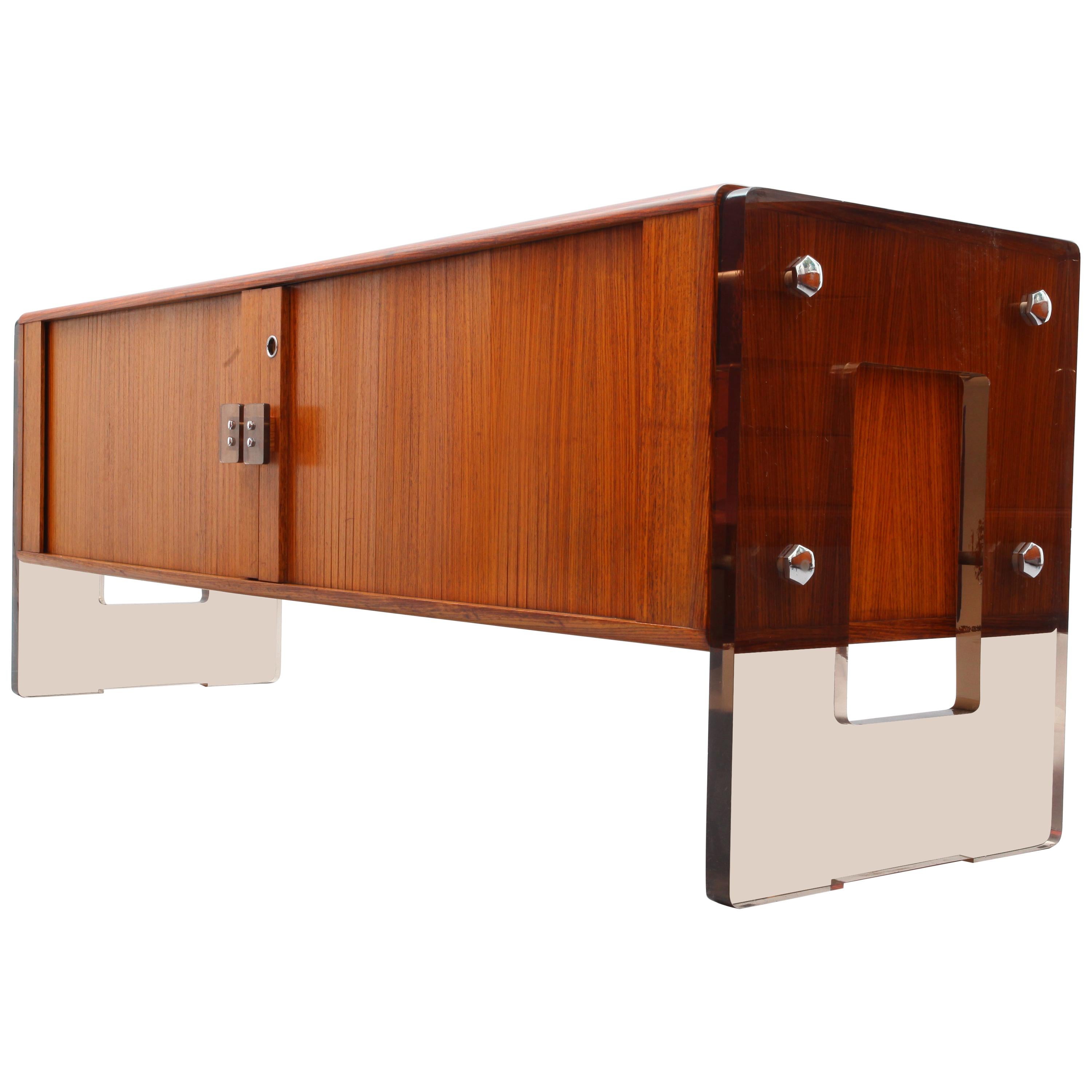 Rare Teak Sideboard with Smoke Lucite Side Parts and Sliding Tambour Doors