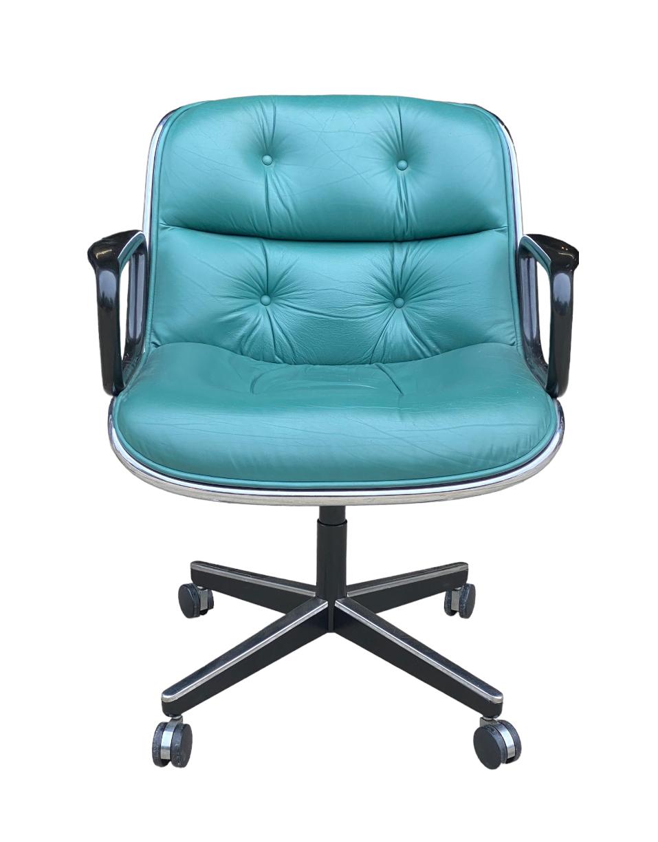 Rare Teal Charles Pollock for Knoll Leather Office Chair 4
